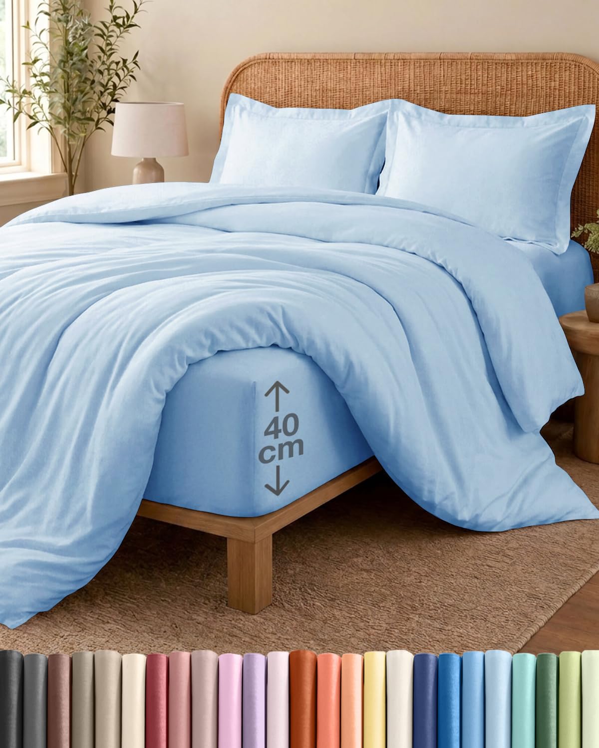 4 Piece Super King Light Blue Duvet Cover Set - Duvet Cover & Fitted Sheet, 2 Pillowcases - 260x220cm + 150x200cm 40cm / 16" - Microfibre - Soft, Wrinkle & Fade Resistant - OEKO-TEX Certified