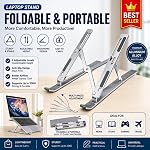GPlus+ Portable Aluminum Laptop Stand, 6-Angle Adjustable Foldable Riser, Non-Slip Silicone, Silver