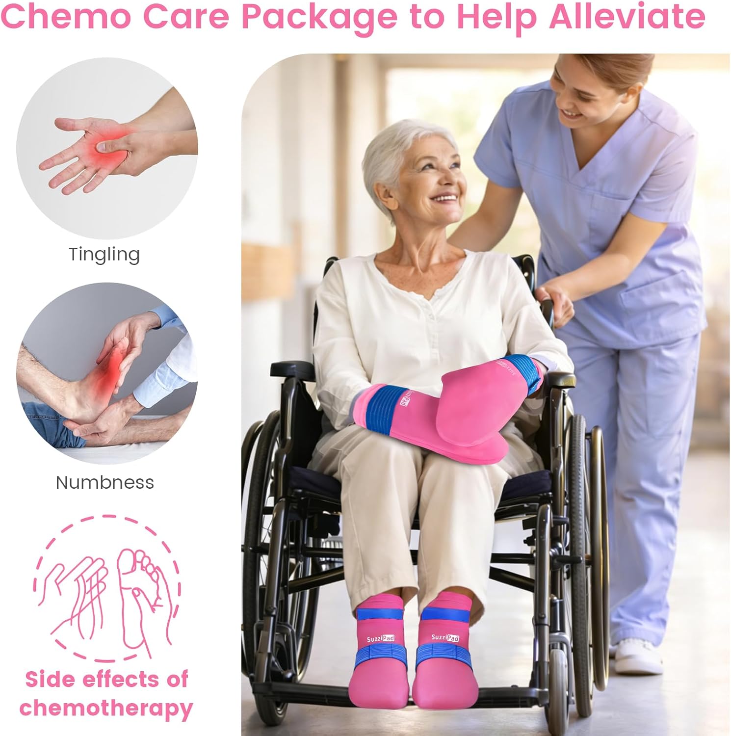 SuzziPad Cold Therapy Socks & Hand Ice Pack Gloves for Chemo Care Package for Women, Chemotherapy Plantar Fasciitis Relief, Neuropathy, Arthritis, L, Bright Pink