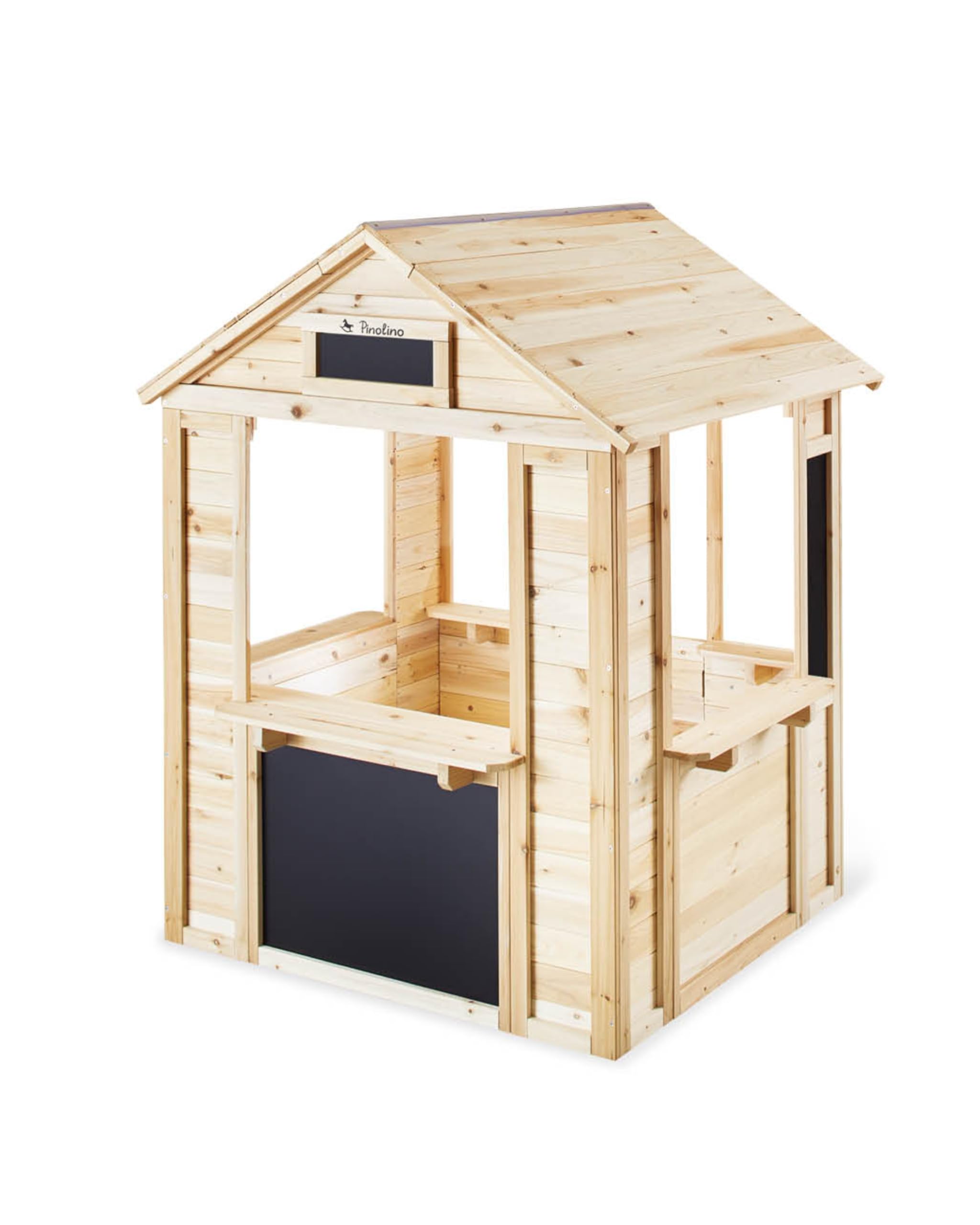 PINOLINO Outdoor Spielhaus Knut aus Massivholz I Kinder Gartenhaus mit Drehtür, 5 Ablagen & 2 Blumenkästen I Spielhaus mit 4 Kreidetafeln für Garten & Terrasse I 116 x 104 x 137 cm