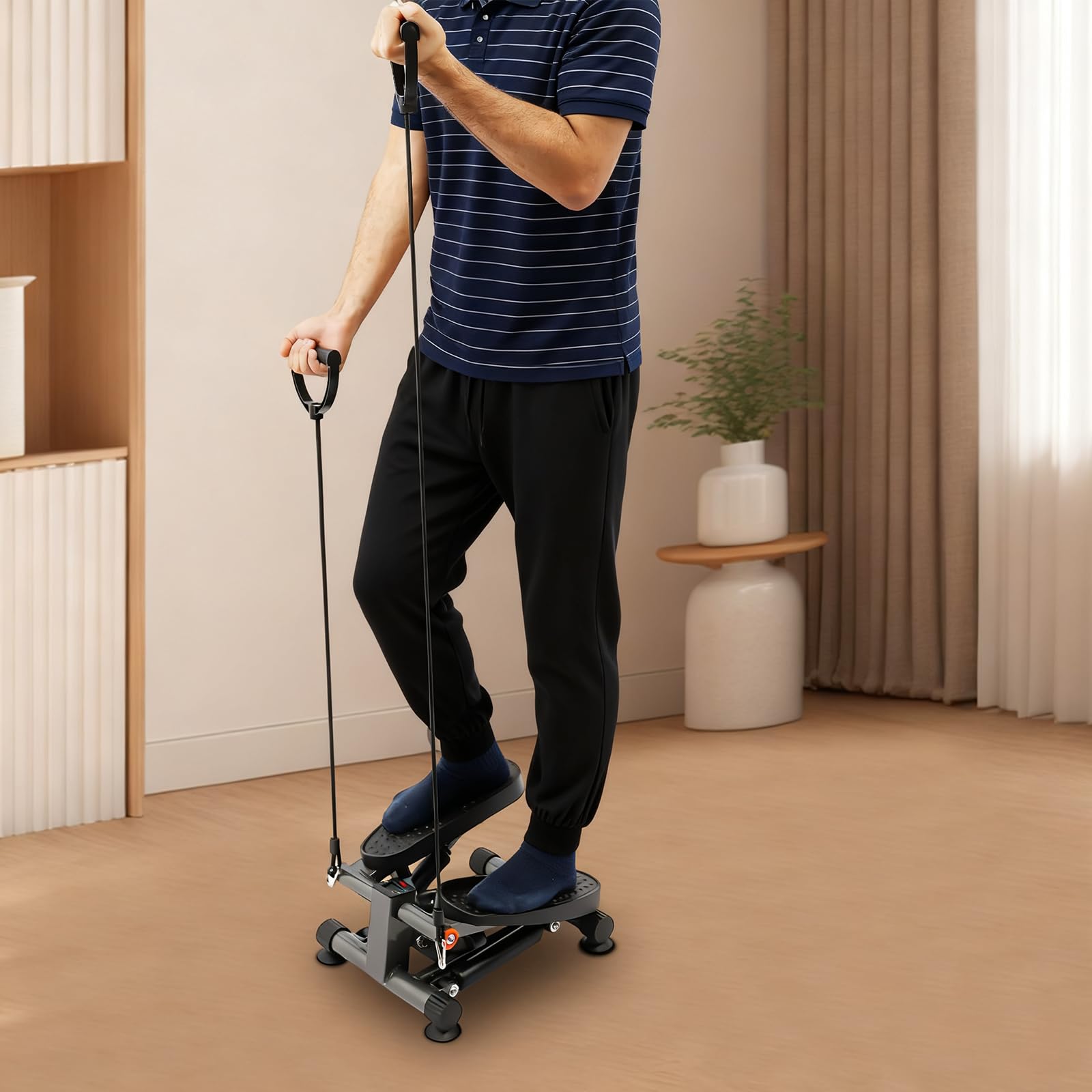 Stepper do domu z linami zasilania, 2 w 1, sprzęt fitness, maks. 150 kg | Trenażer pedałów z wyświetlaczem LCD, układem hydraulicznym, taśmami do treningu nóg i ramion, rehabilitacji, domu, biura