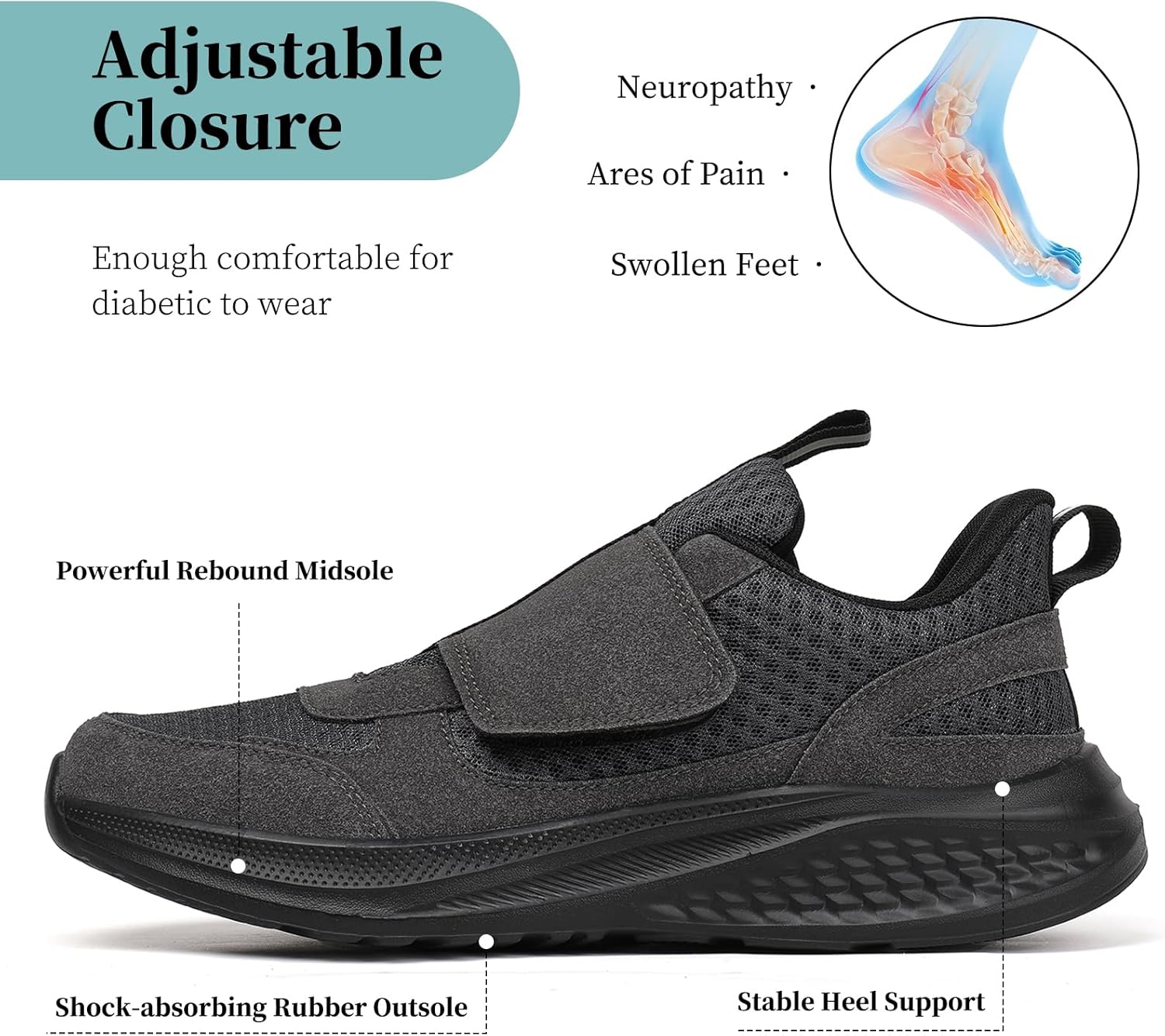 Diabetic Shoes for Men Slip on Orthopedic Adjustable Sneakers Wide Comfortable Walking Breathable Swollen feet Barefoot Shoe for Relief Foot Pain Neuropathy