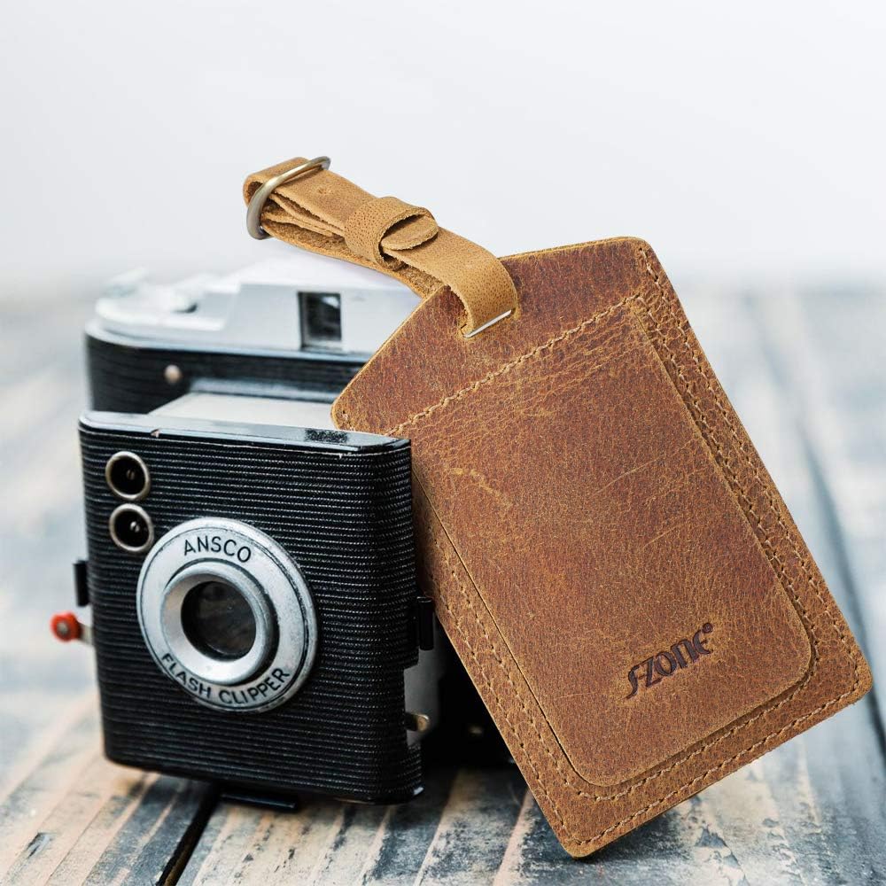 S-ZONE Leather Luggage Baggage Tags ID Label for Suitcases Backpack 2 Pieces Set - Image 4