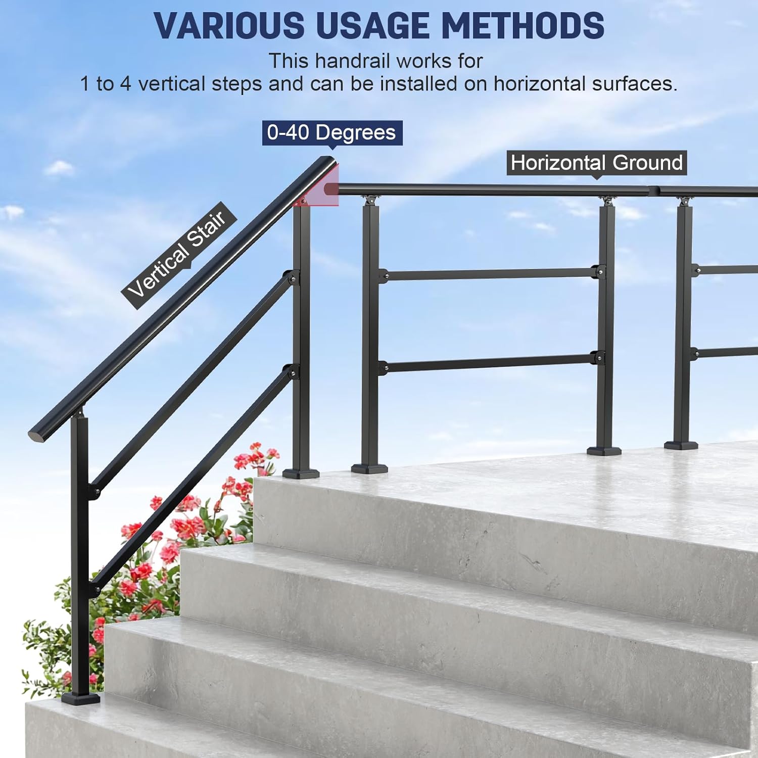 2 Pack Handrails for Outdoor Steps, Wrought Iron Black Stair Railing Kits & Hand Rails for Indoor Stairs for Porch, Concrete, Wood&Brick(Fit 1-4 Steps), Metal Railing for Stairs & Stair Railing Indoor
