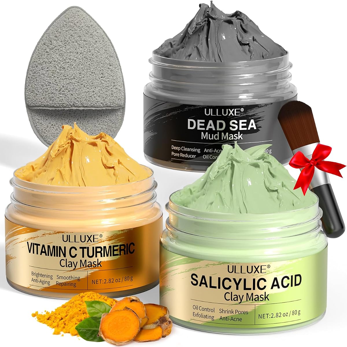 Juego de mascarillas de arcilla facial: mascarilla facial de cúrcuma con vitamina C, mascarilla de barro del Mar Muerto y ácido salicílico (BHA) para limpieza de poros, iluminación, puntos negros y manchas oscuras, mascarillas faciales, regalo para el cuidado de la piel para mujeres, 2.82 oz cada una
