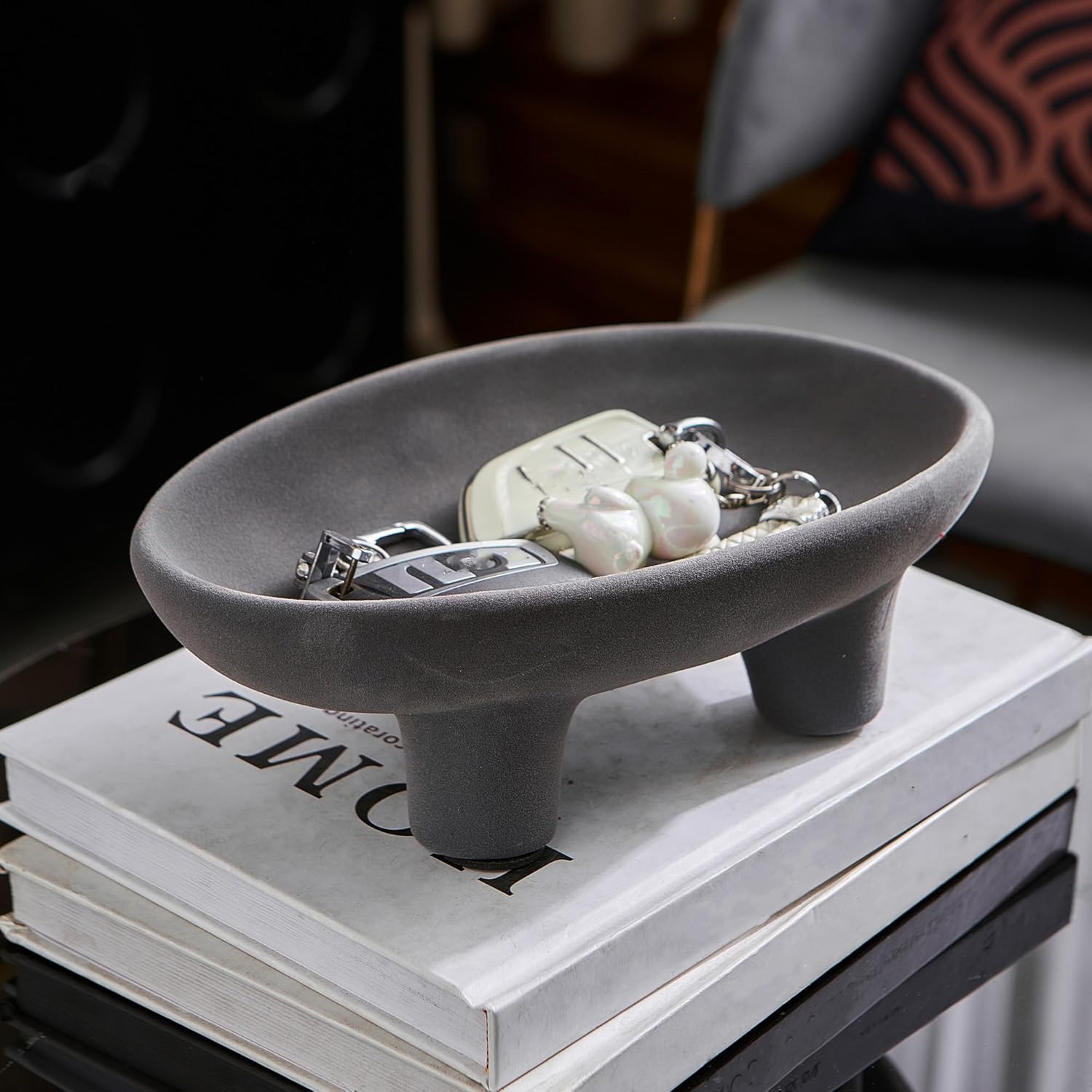 XINXUAN 2PCS Ceramic Rome Decorative Trays, Coffee Table, Table Decor, Entrance Tables,Office, Keychains, Candy Storage Decor (Green+Grey)