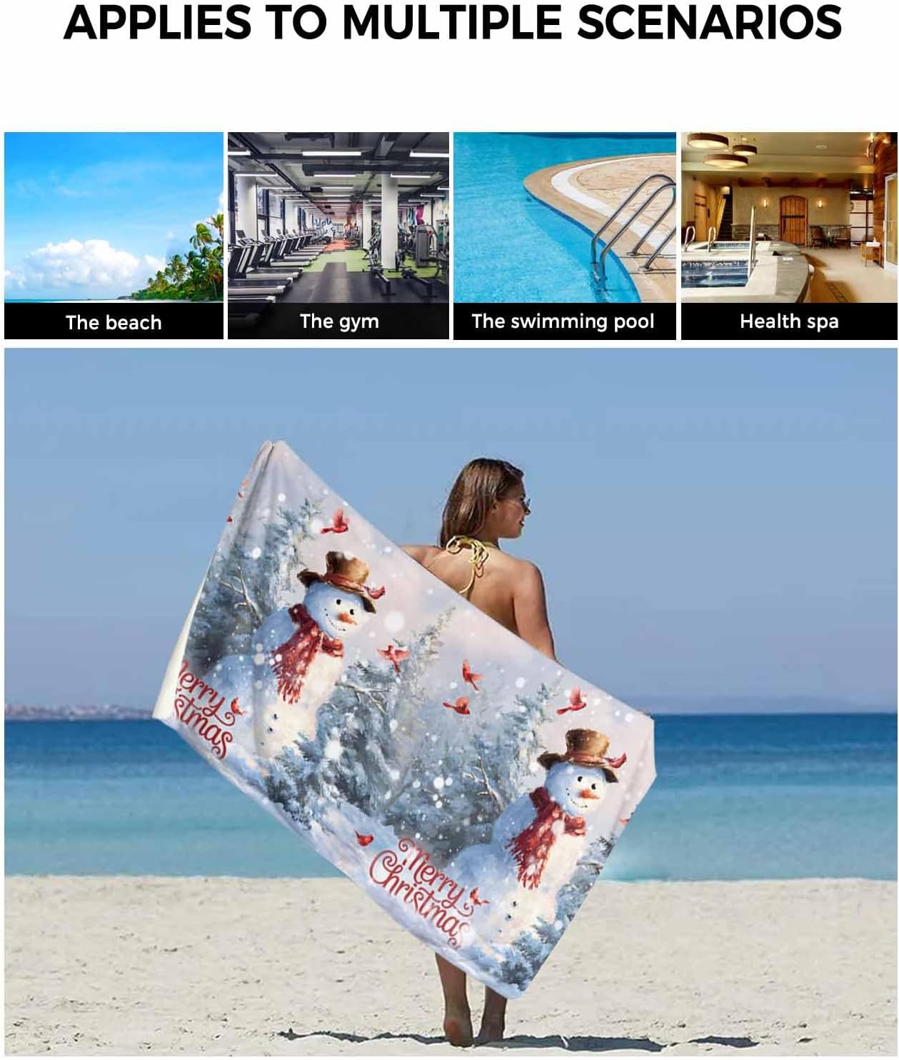 Merry Christmas 3 Piece Bath Towels Set, Winter Snowman Xmas Tree Red Bids Snowfall Soft & Absorbent Towels for Bathroom, Hotel (1 Bath Towel 30x60, 1 Hand Towel 16x28, 1 Washcloth 13x13)
