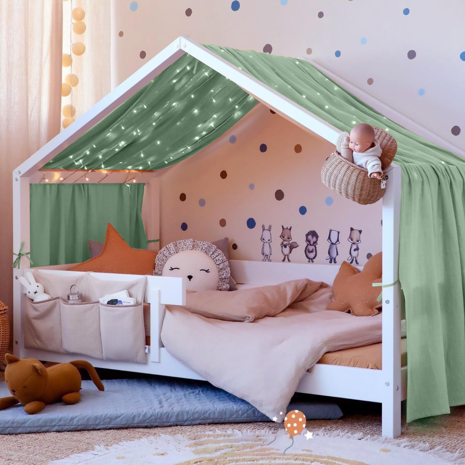 Vicloon Tenda Letto Bambini 100% Cotone, Tenda Letto Montessori per Letto Bambini, Baldacchini in Tessuto, Tenda da Letto per la casa in Mussola, 135 x 360 cm, Verde Chiaro