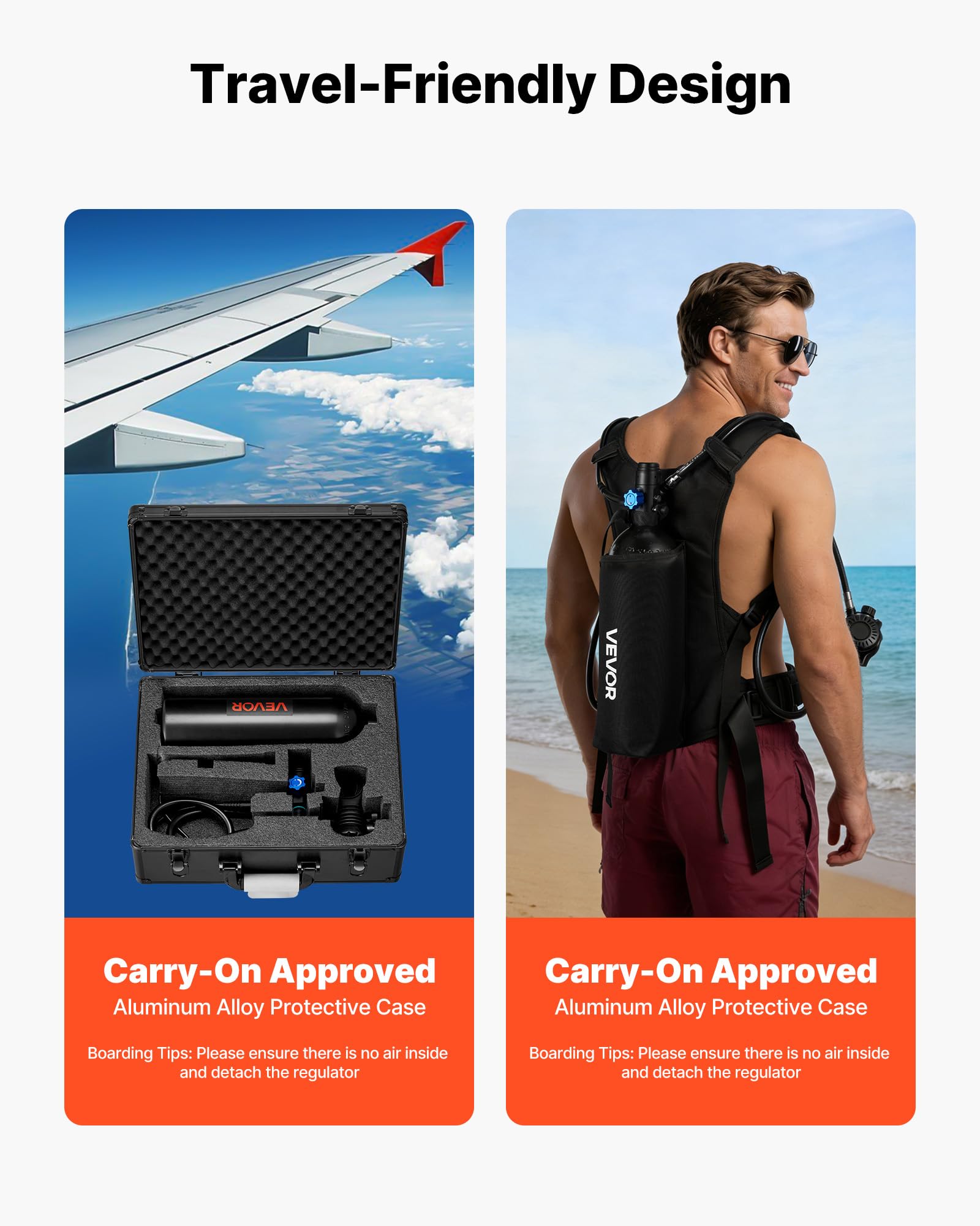 VEVOR Mini Botella de Buceo de 2 L, Juego de Tanque de Buceo Portátil con Mochila y Caja de Protección, Capacidad de 30 a 35 Minutos, Bombona de Oxígeno Recargable Aluminio, para Viajes Bucear Rescate