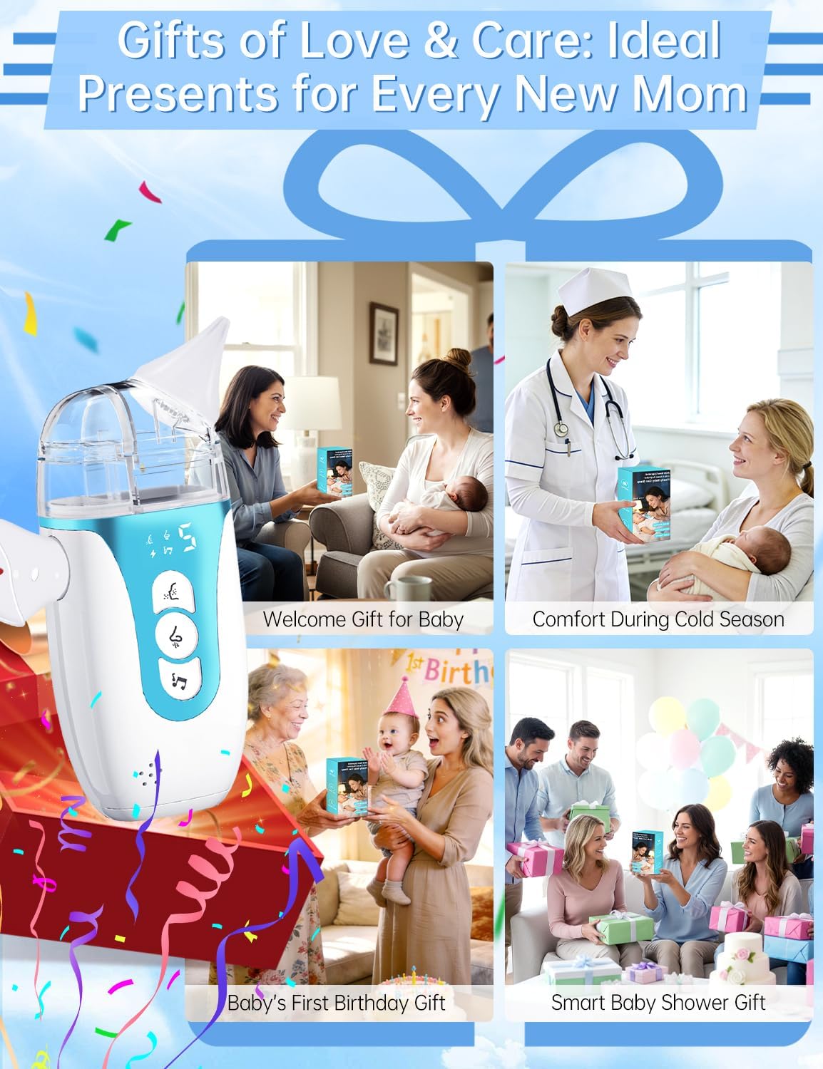 Nasal Aspirator for Baby,2-in-1 Smart Electric Nose Sucker, 2026 Upgraded with AI Anti-Backflow Protection,70Kpa Hospital-Grade Suction,15ml Large Capacity,5 Levels,Ultra-Quiet with Music-Blue