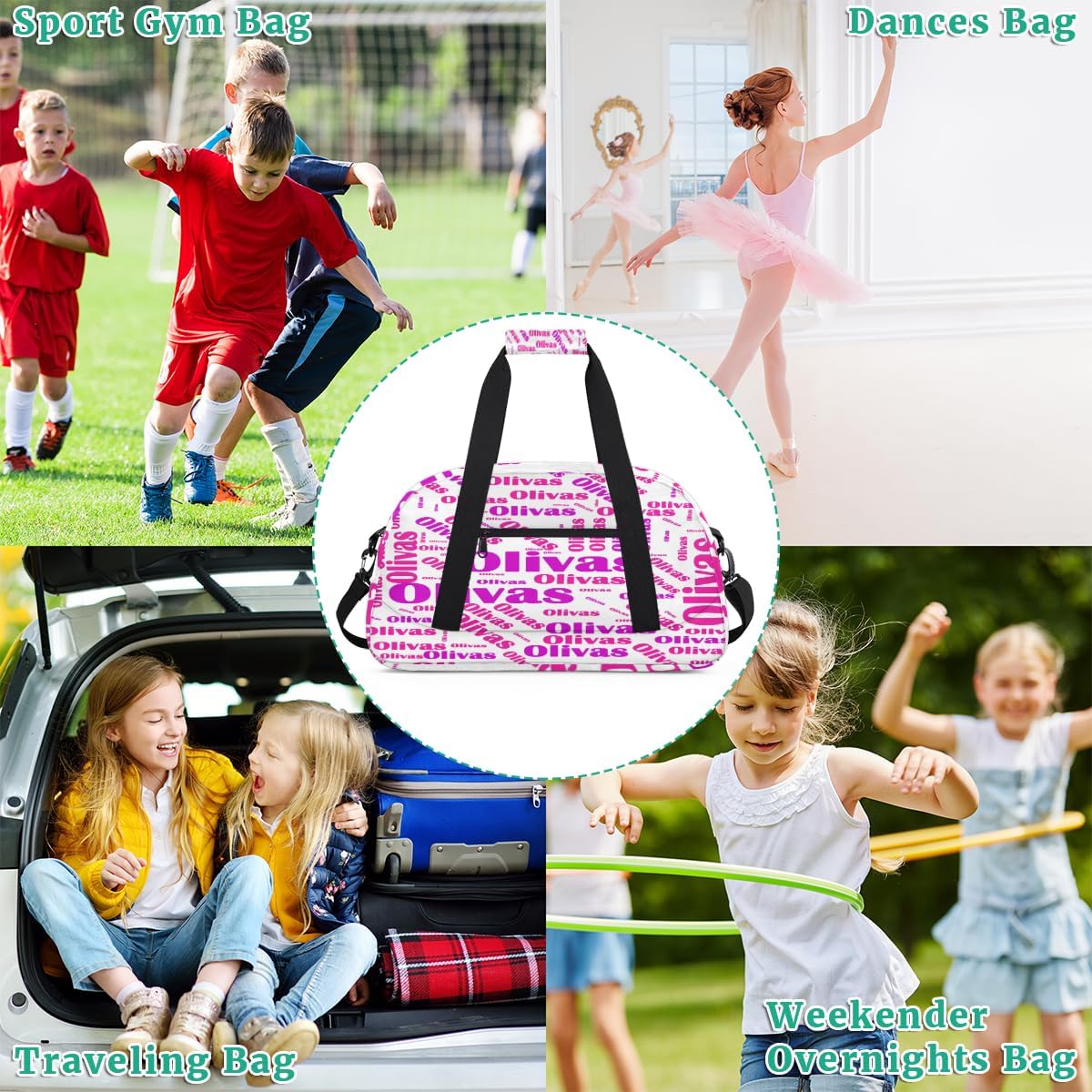 Personalized Kids Gym Bag, Custom Sport Duffel Bag Dance Bag Weekender Bags Customize Travel Duffel Bag Gymnastic Bag for Boy Girl Pink