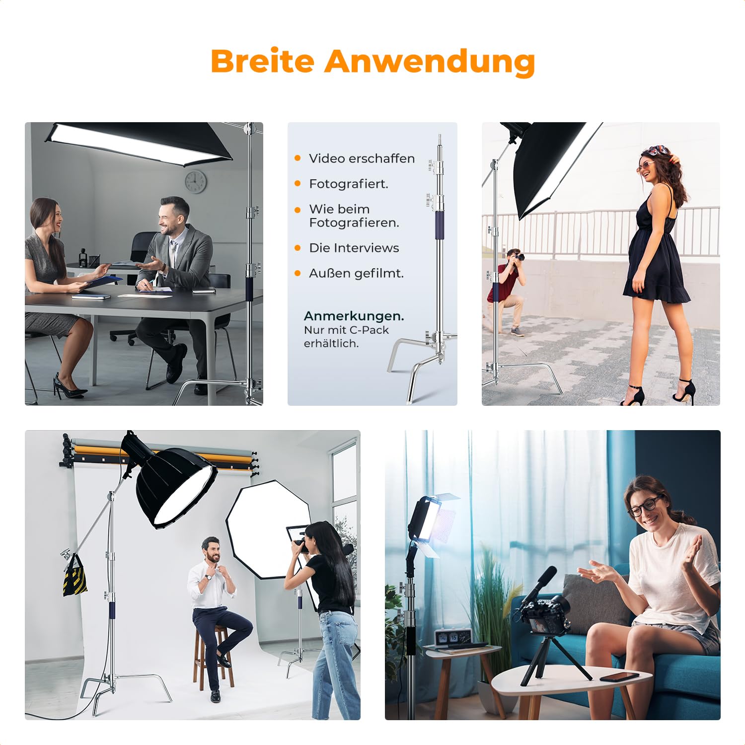 K&F CONCEPT 330CM Wirklich Edelstahl C Ständer Pufferfeder mit Boom Arm | Last 20KG Fotografie Lichtstativ mit 126cm Holding Arm, 2 Griffköpfe für Studio Monolicht, Softbox