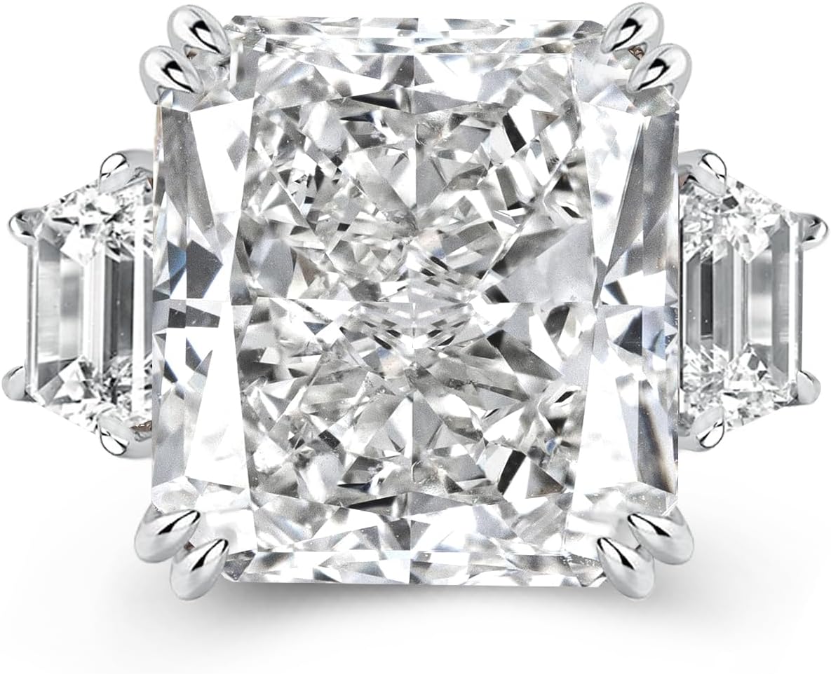 Anillo de compromiso de 3 piedras de corte radiante grande de hielo triturado de plata 925 de 10 quilates