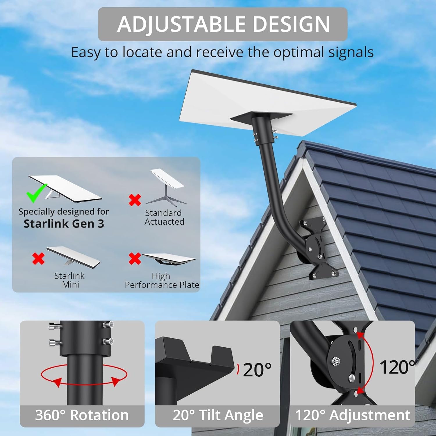 Justech Starlink Gen 3 Mount, 360° Adjustable Aluminum Alloy Wall/Roof Starlink Mounting Kit, Pole Mount Pipe Adapter for Better Signal Compatible with V3 Starlink Standard Dish