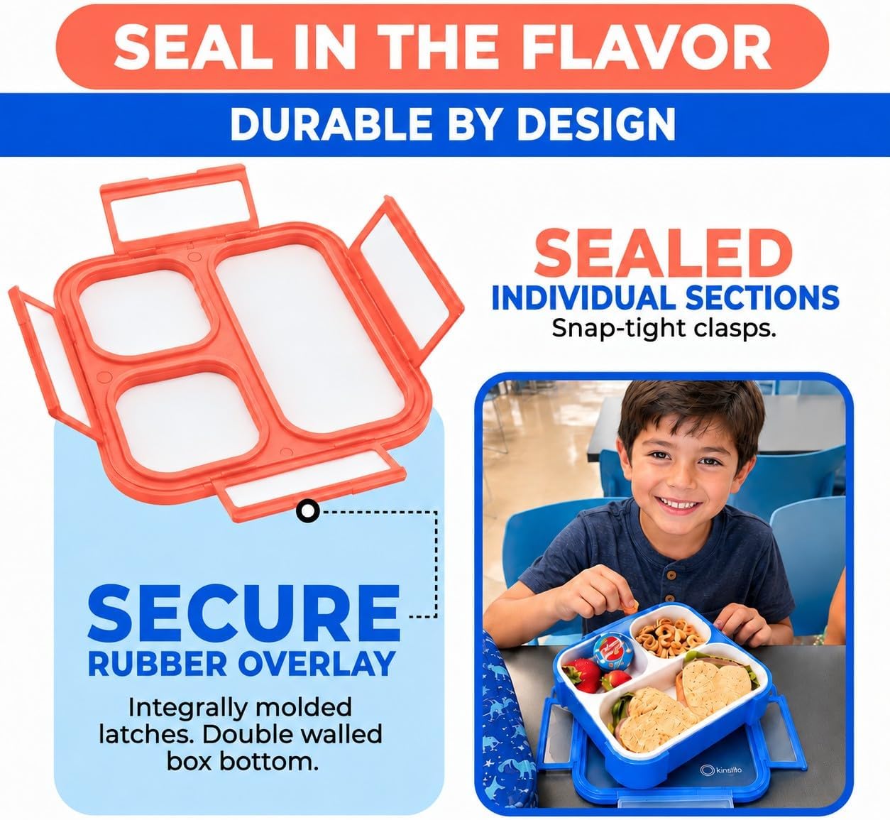 kinsho Bento Boxes for Kids, Lunch Box Set For Boys Girls Toddlers, Leak Proof 3 Compartment Meal or Snack Containers Perfect for School Travel Work, BPA Free. Blue Orange 2 Pack Medium - Small image 4