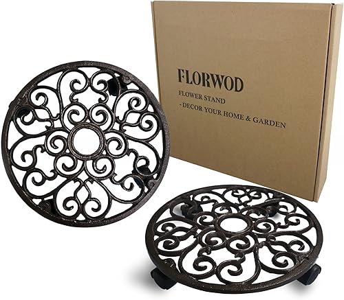 FLORWOD 2 soportes para macetas de hierro fundido resistente 11 pulgadas soporte redondo para macetas con 4 ruedas giratorias de 360