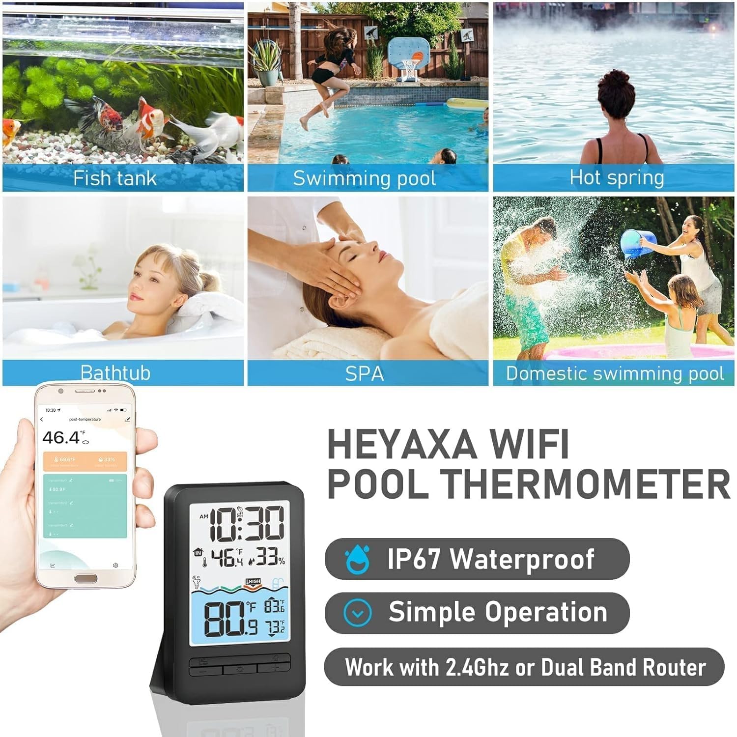 Various usage scenarios for the HEYAXA Pool Thermometer including fish tanks, swimming pools, hot springs, bathtubs, spas, and domestic pools