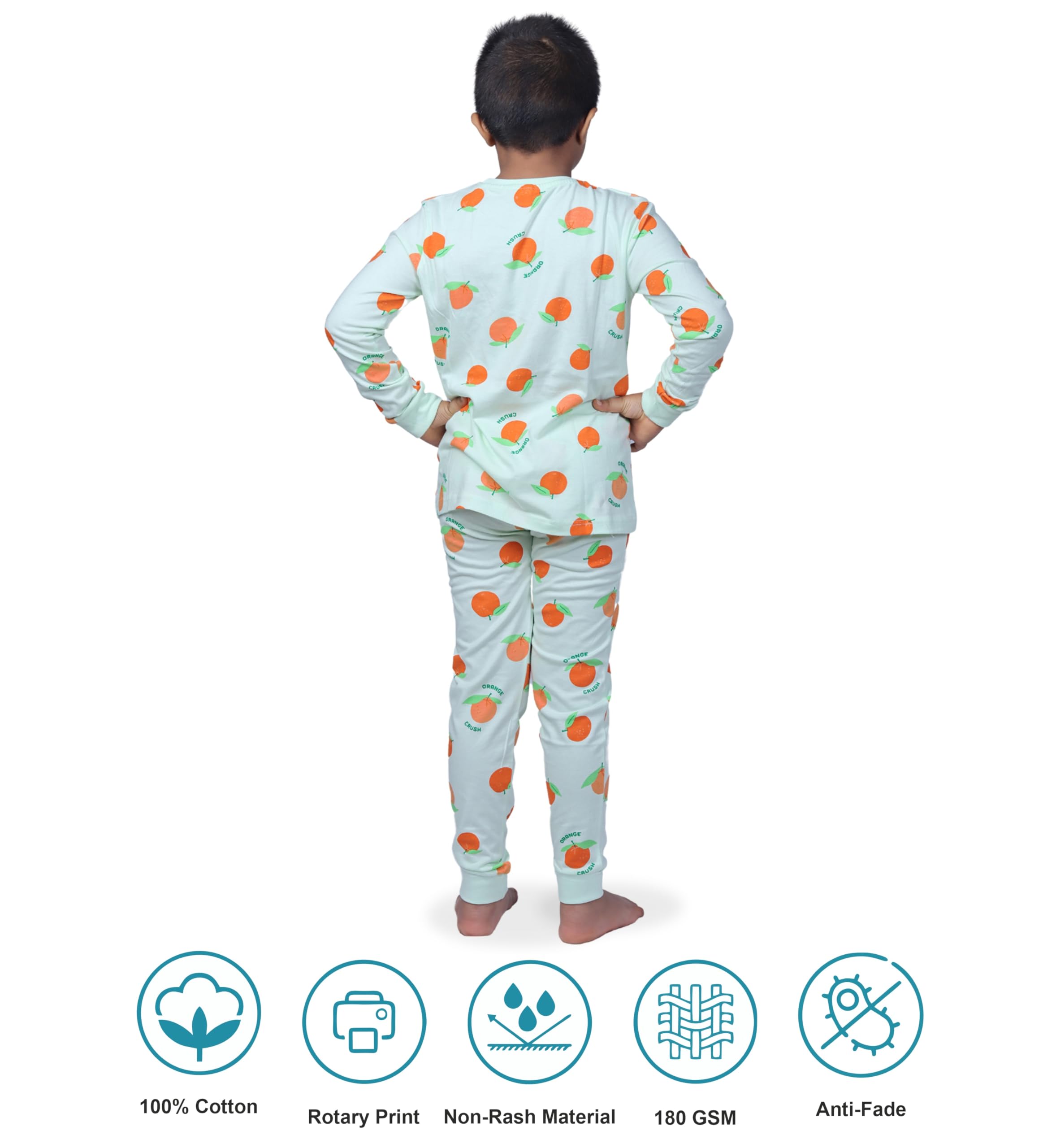 Hestia|H.Nsg.7|Kids Night Suit|Sleepwear|Night Dress Cotton|Trouser Full Sleeve Pajama Set Tshirt|Elastic Waist|Bottom Pyjama Tshirts For Boys|All Over Orange Printed|Green|2-4Yrs|Set 1,2 -4 Years - Image 5 thumbnail
