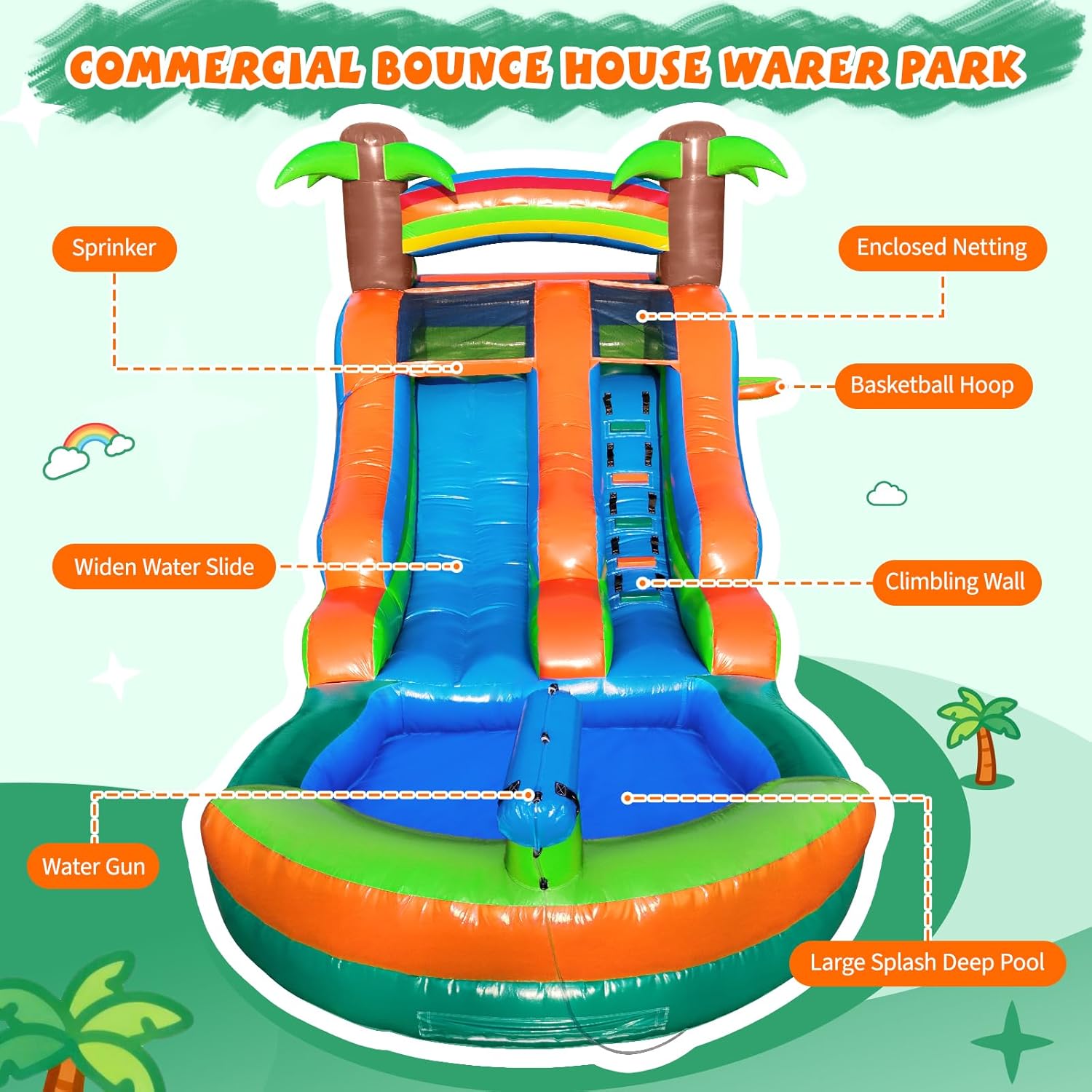 FBSPORT 21FT Commercial Inflatable Water Silde for Kids Adults, 100% PVC Heavy Duty Bounce House Water Park Slides with Large Water Pool, Waterslide with 750W Blower for Backyard Party, Green