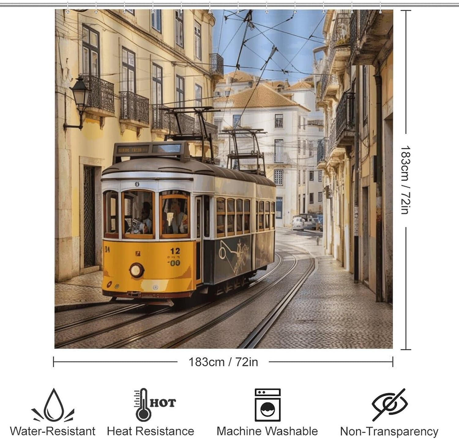 Lisbon Tram Bath Rug Set 4 Piece,Bathroom Accessories Set-Toilet Rugs U Shaped,Toilet Lid Cover,Shower Curtain and Rugs,Ultra Soft, Absorbent,Home Decor