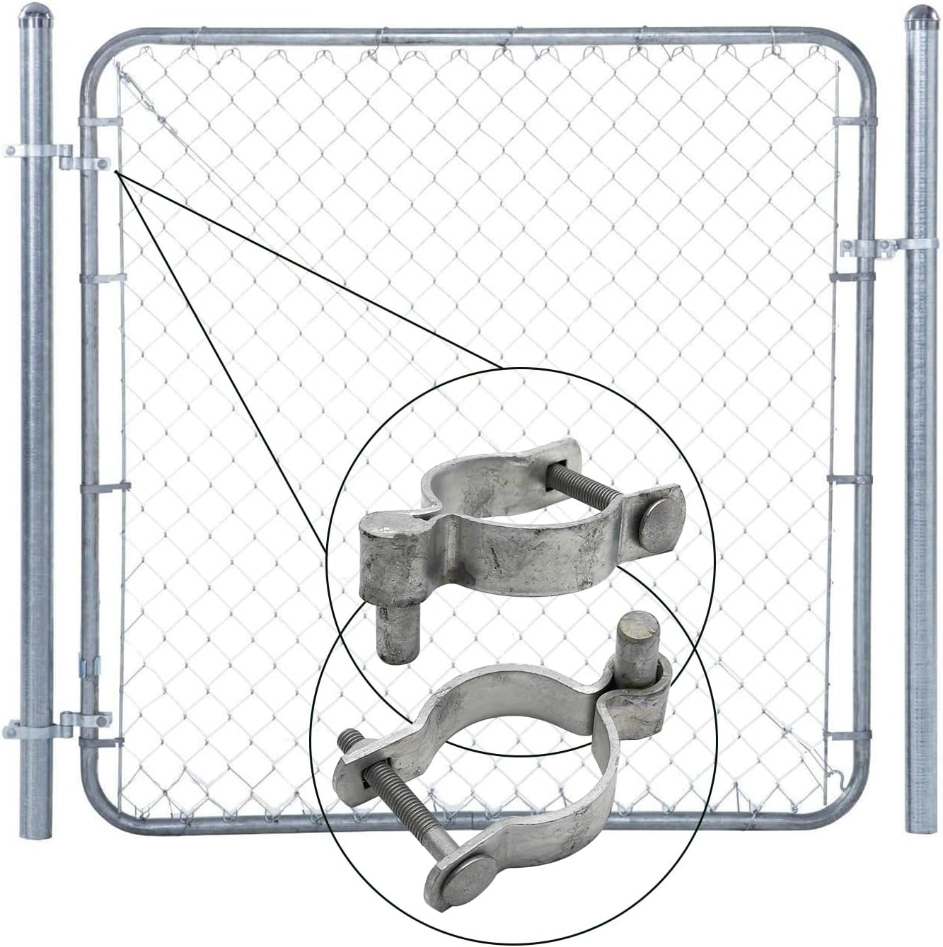 4pcs Chain Link Fence Gate Post Hinge for Outside Diameter Post/Pipe, Galvanized Chain Link Post Gate Hinge, Nut/Bolt Included (2-3/8 Inch)