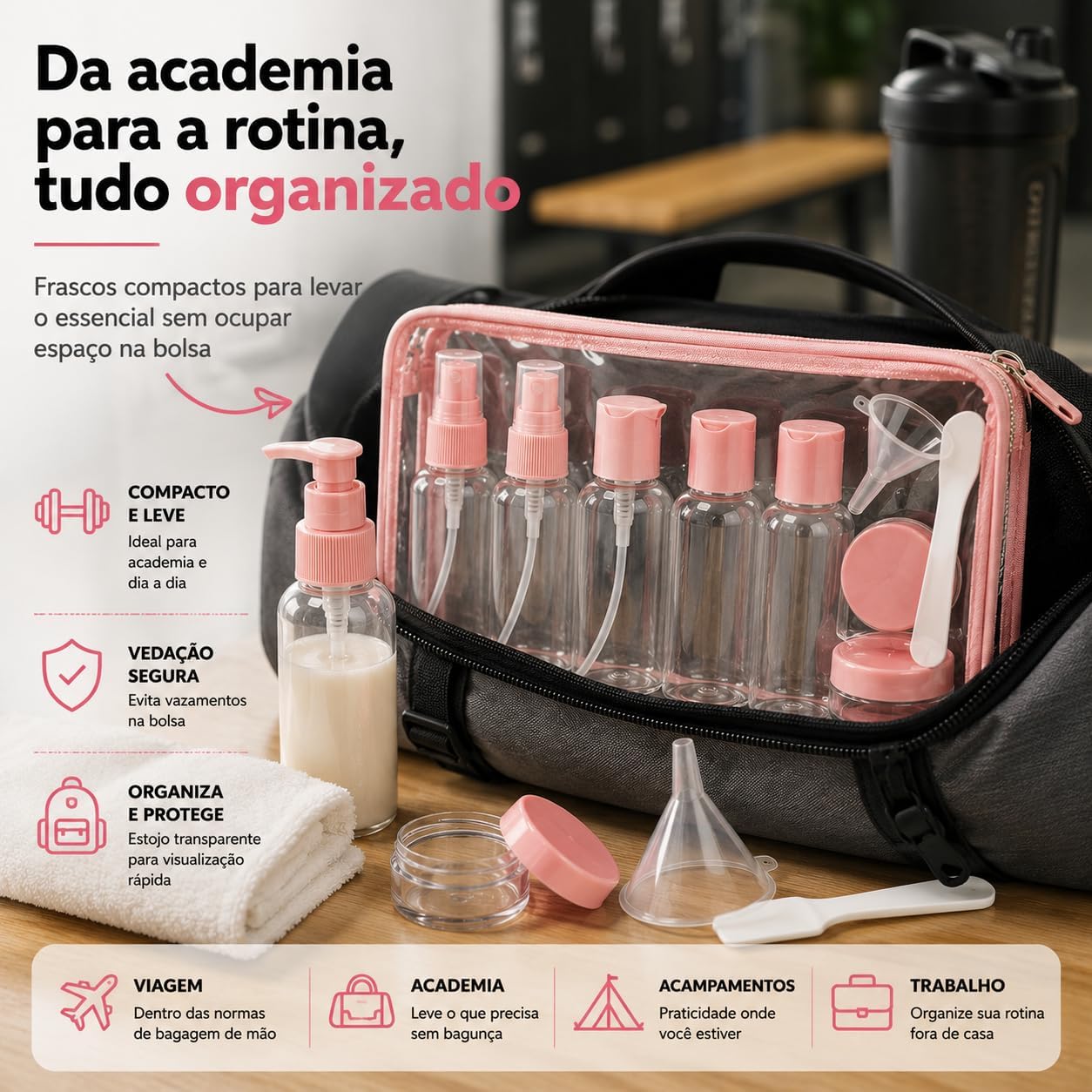 Frascos para Viagem Kit 9 Peças com Estojo Transparente Ideal para Shampoo Condicionador Sabonte Líquido Cremes Hidratante com Funil para Encher Recipientes Cosméticos (Rosa) Frascos para Viagem Kit 9 Peças com Estojo Transparente Ideal para Shampoo Condicionador Sabonte Líquido Cremes Hidratante com Funil para Encher Recipientes Cosméticos (Rosa)