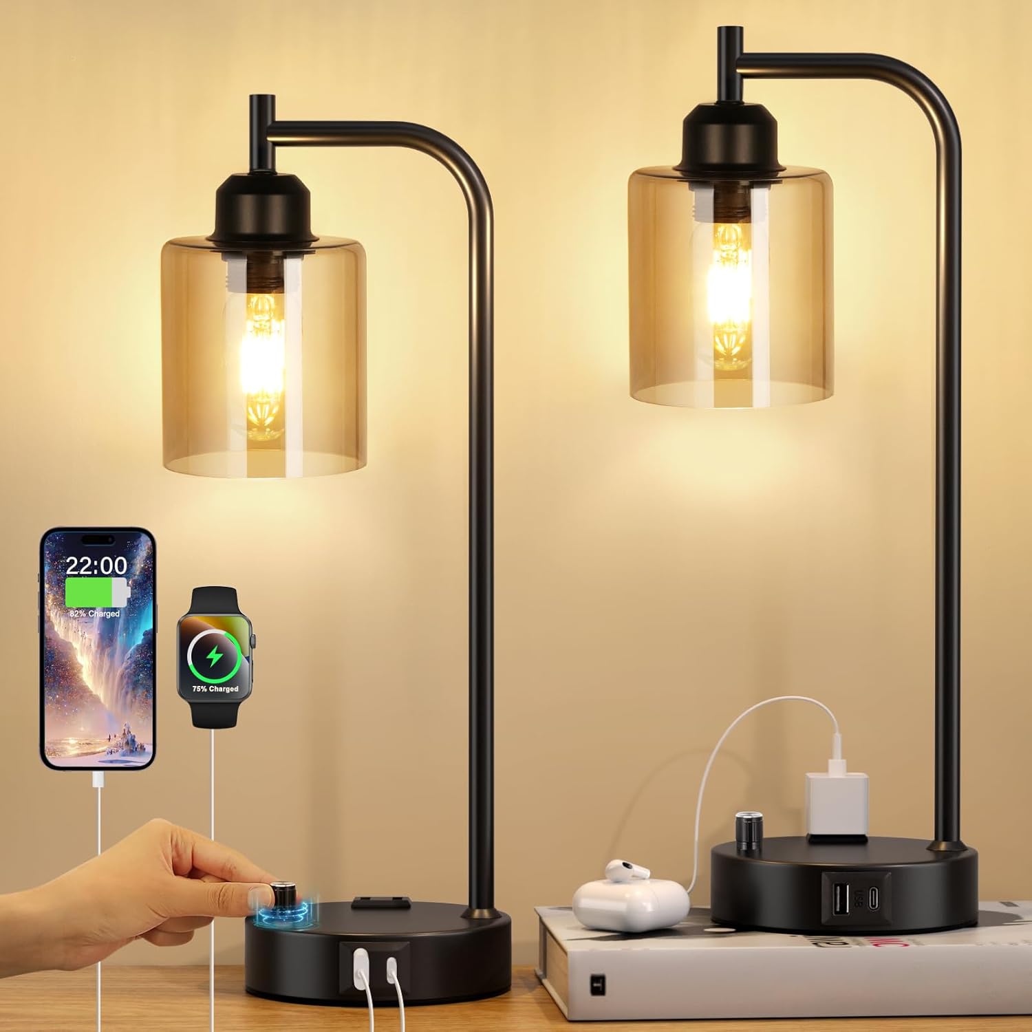 Industrial Bedside Lamps for Nightstand Set of 2 Fully Dimmable