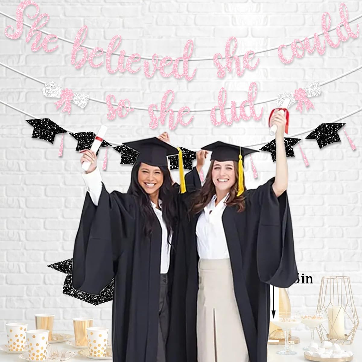 2025 Graduation Banner - 'She Believed She Could So She Did' Glittery Pink Photo Prop Decor - View #11