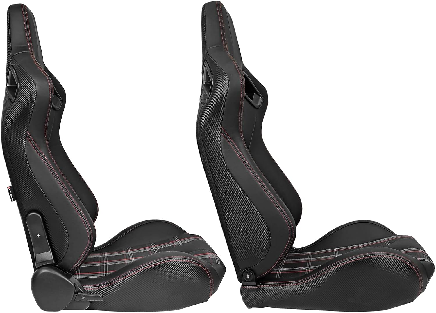 IKON MOTORSPORTS, Universal Racing Seats Pair with Dual Sliders, PU & Red Plaid Fabric & Carbon Leather Reclinable Left Right