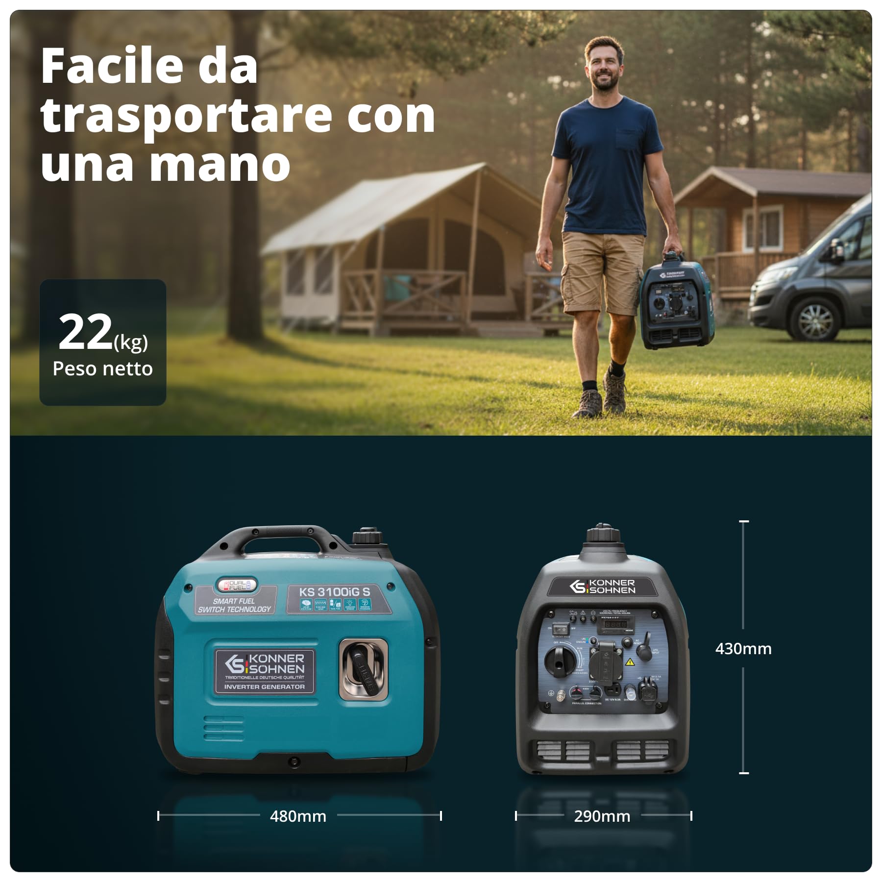 Könner&Söhnen Generatore di Corrente Inverter Portatile KS 3100iG S DUAL FUEL Generatore di emergenza 3100 W, presa Schuko 230 V, 2 porte USB, display LED, modalità Eco, generatore Euro V