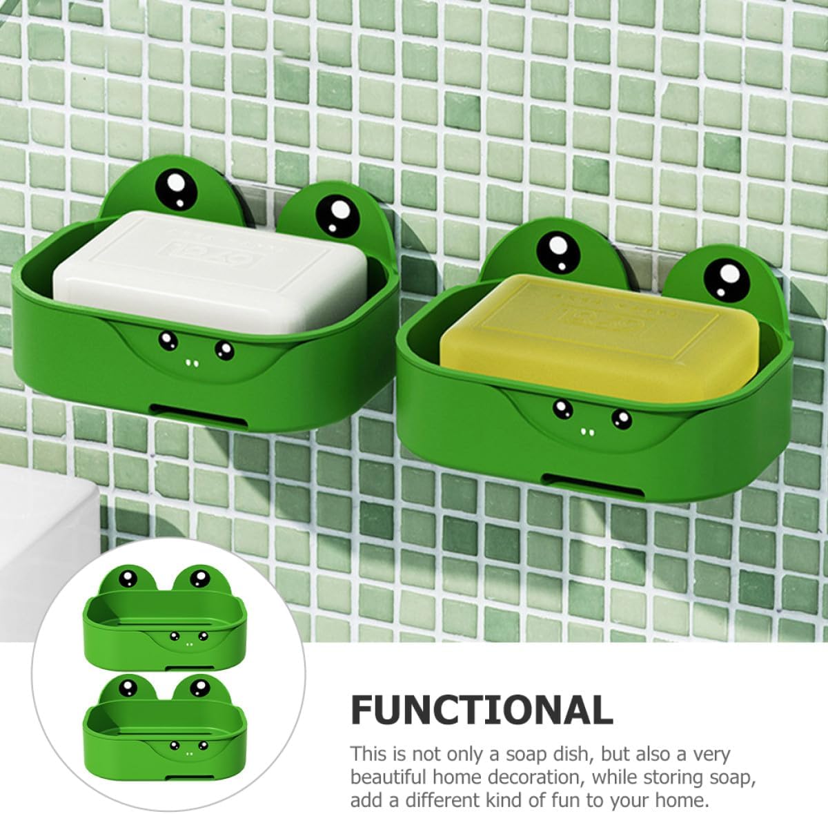 Homoyoyo Wall Mounted Shower Soap Holder Frog Shape, Draining Double-Layer Soap Dish Rack with 2pcs Green Bars for Bathroom and Kitchen Organization image 3