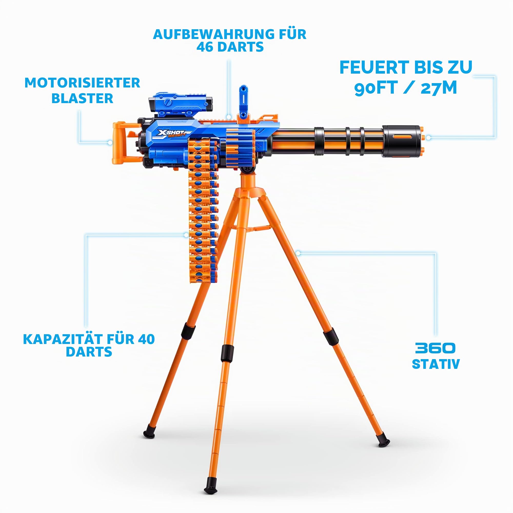 Zuru XSHOT Insanity Motorisierter Gatling Blaster mit Stativständer inklusive 72 Darts