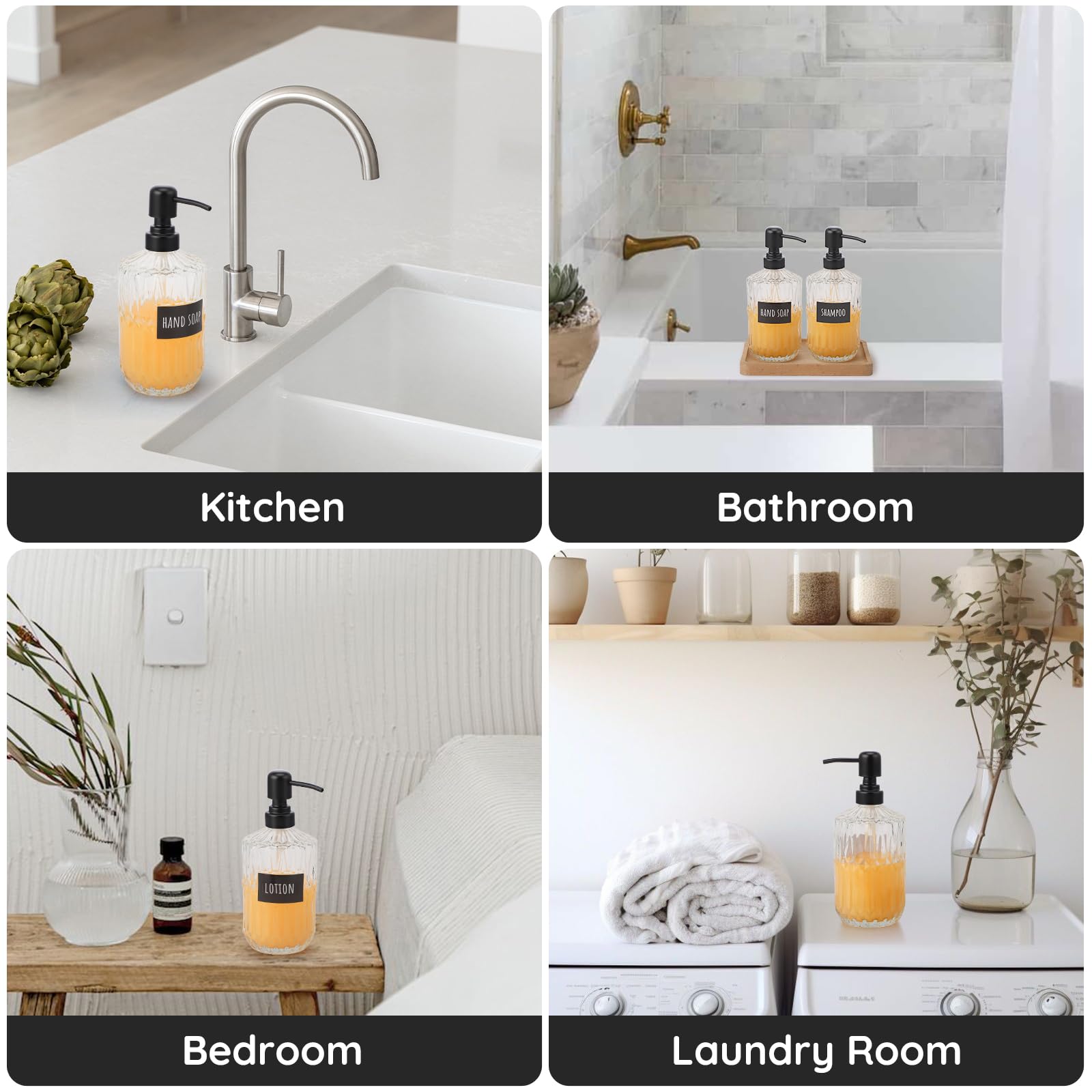 Segbeauty Dispenser di sapone in vetro da 450 ml ricaricabile, 2 dispenser vuoto per sapone da bagno con pompa in acciaio inossidabile, bottiglia trasparente a pompa per lozione da 450 ml con