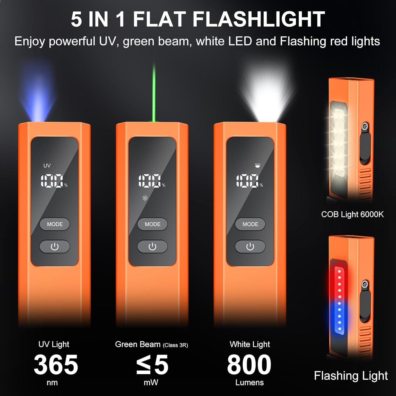 5 in 1 PRO EDC Flat Flashlight, Rechargeable 800LM White Light LED Combo, LT010 Portable Pocket Flash Lights with Magnet for Outdoors Emergency and Work(Orange)