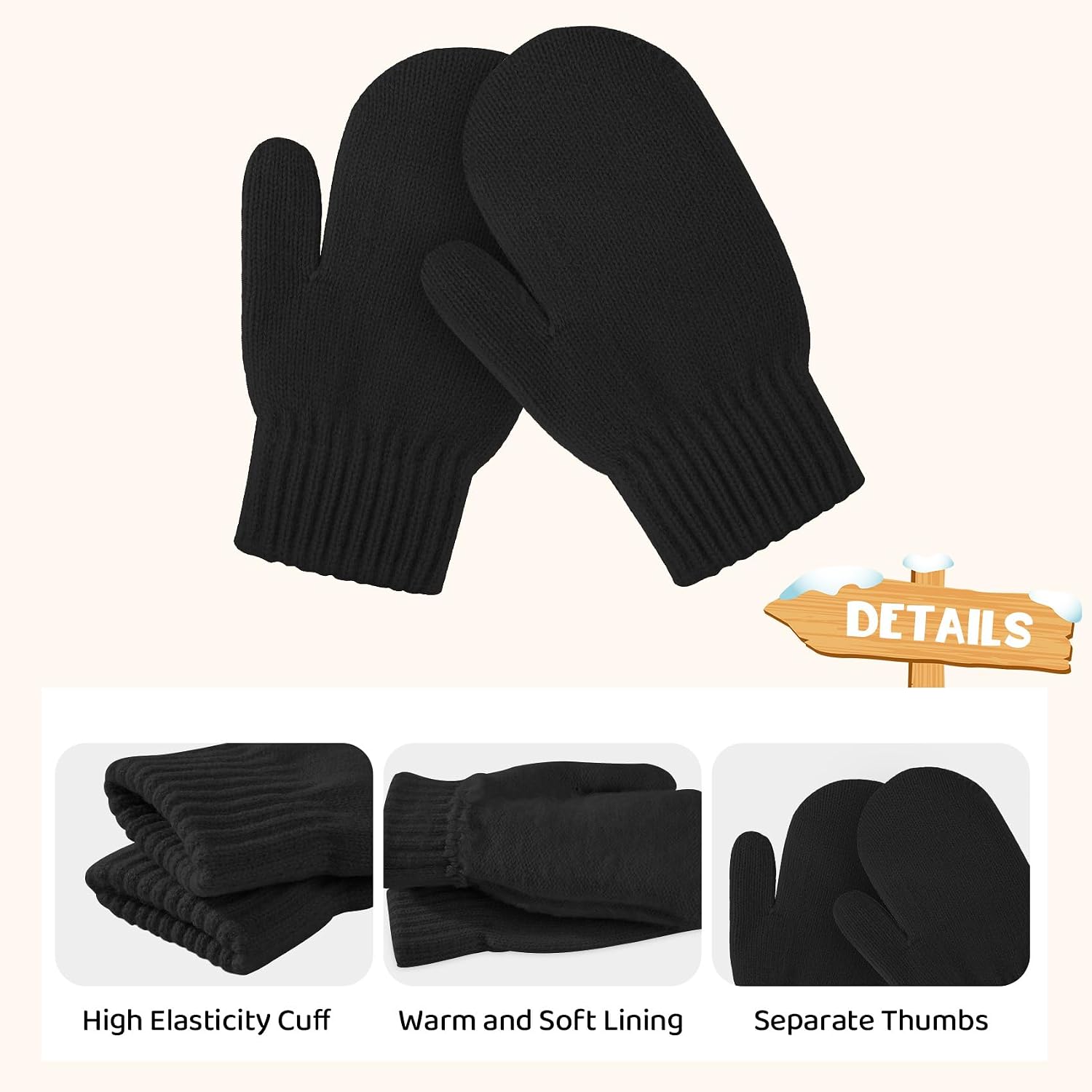 Durio Toddler Mittens Ages 1-3, Warm Winter Knit Mittens for Boys Girls | Soft Fleece Lining, Stretchy Ribbed Cuffs, Separate Thumb and Enclosed Finger Design, Helps Keep Mittens in Place