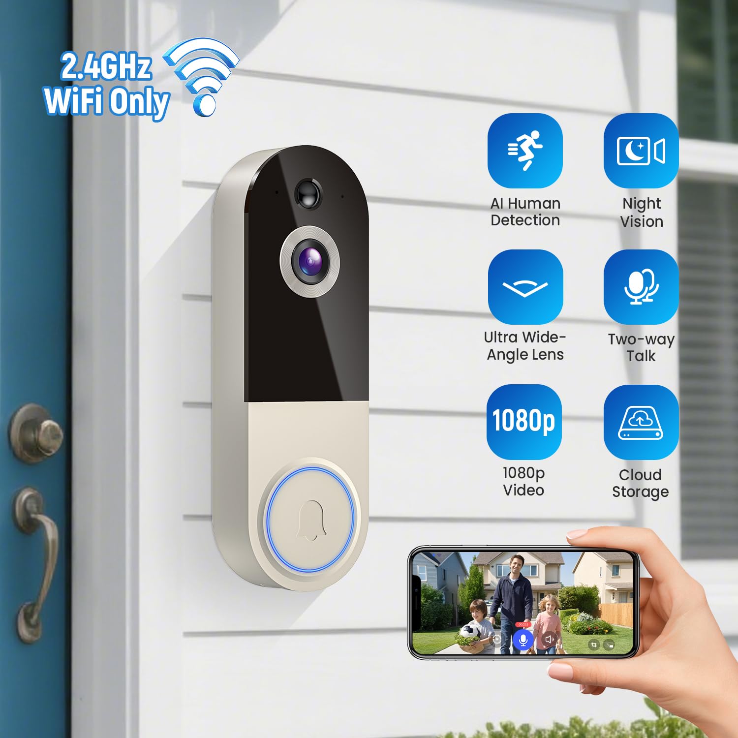 Home Security 1080p WiFi Video Doorbell Camera Wireless, 2-Way Audio, Cloud Storage, Live Image, Motion Detection, Night Vision, 2.4Ghz WiFi, Indoor Surveillance, Real-Time Alert - 2