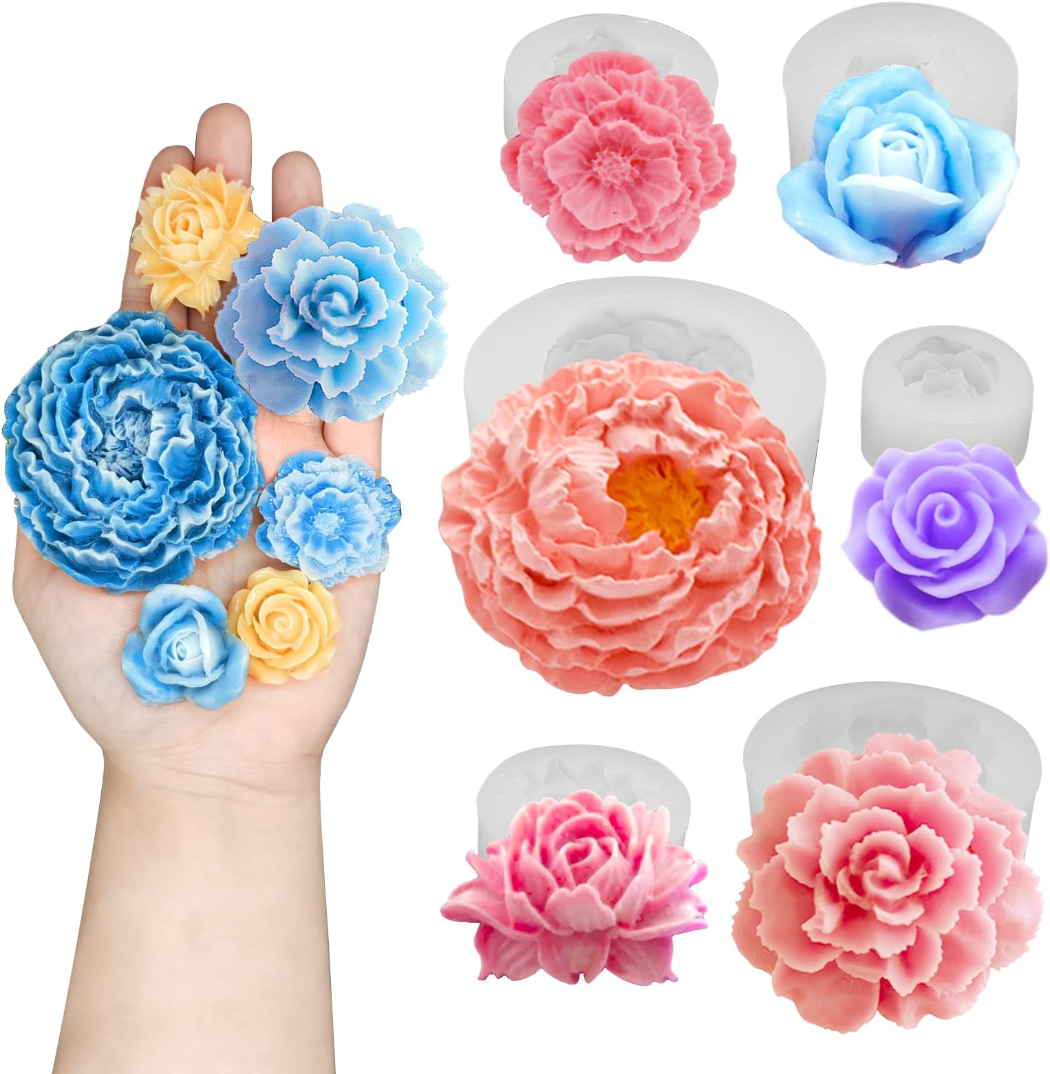 6PCS Flower Silicone Mold Set, 3D Bloom Rose Peony Fondant for Chocolate Cake Decor, Soap Candle Making Kit, Resin Epoxy Casting Polymer Clay Craft Gift