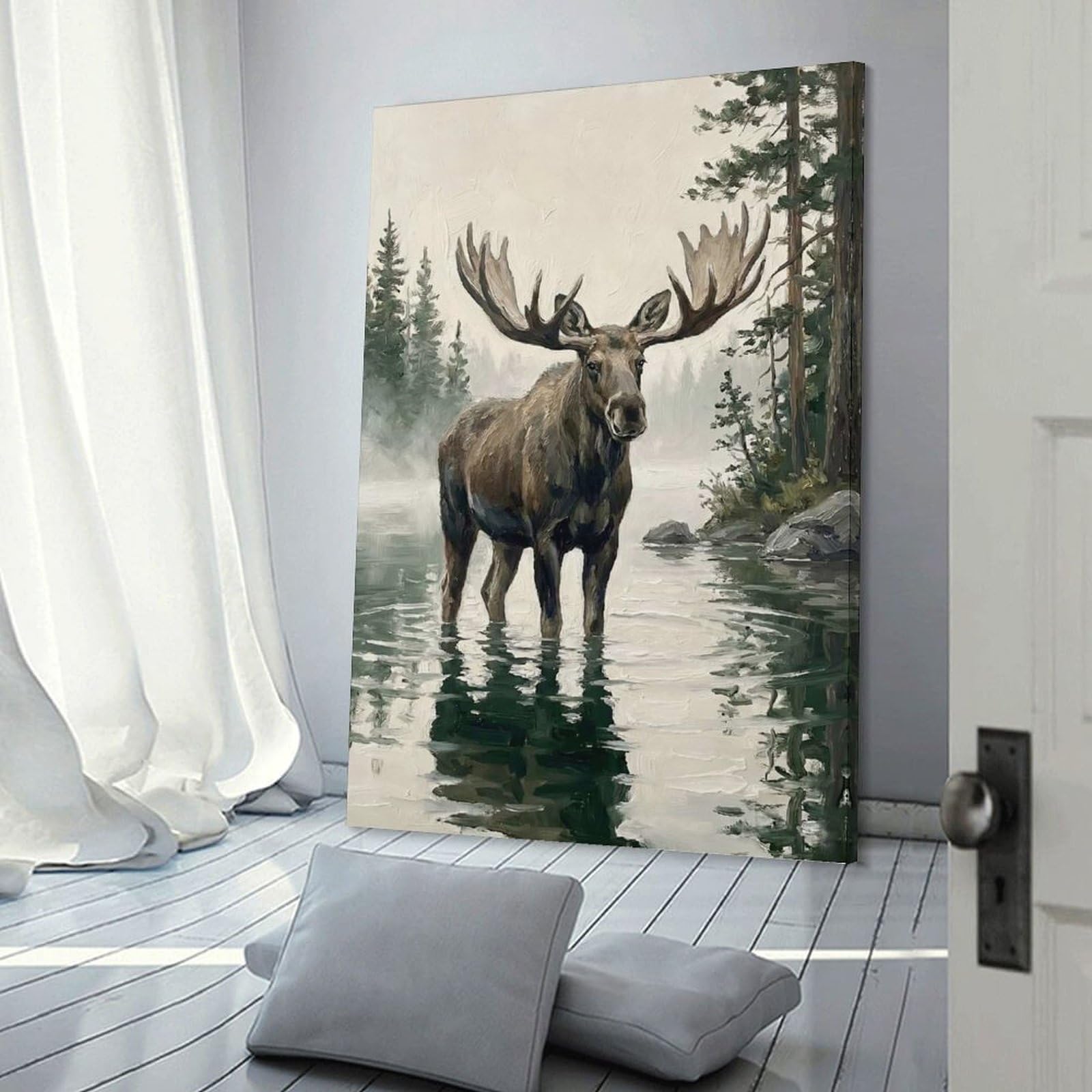 Junmoney Wall Picture Print Moose Standing in Water, 20x30inch(50x75cm), for Living Room, Bedroom Or Apartment Walls, A Home Accent with Warm Character