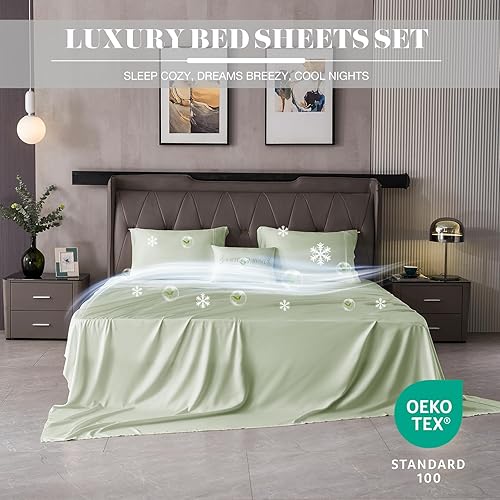 Miniatura 2 de Juego de sábanas tamaño King, sábanas refrescantes de lujo para juego de ropa de cama tamaño Queen, viscosa orgánica derivada de bambú, bolsillo