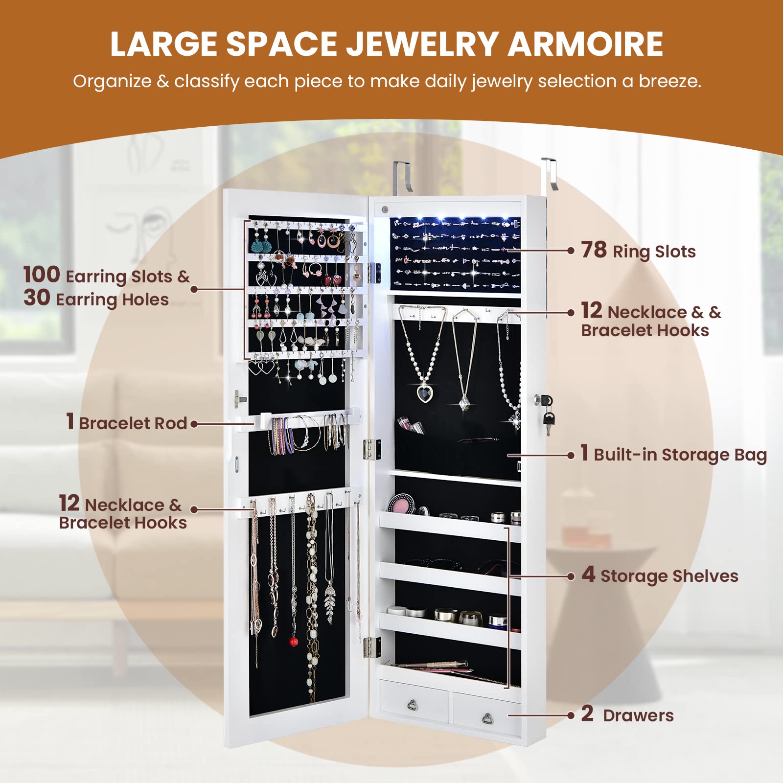 RELAX4LIFE Schmuckschrank hängend, Spiegelschrank mit 2 Schubladen & 6 LEDs & Schloss, Schmuckorganizer für Ohrringe & Armband & Kette & Ringe & Kosmetik, Beleuchtungen, Tür- & Wandmontage (Weiß)
