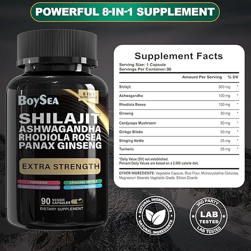 Miniatura 2 de Boysea. Paquete de shilajit y musgo marino, 90 unidades, musgo marino, aceite de semilla negra, ashwagandha, jengibre y shilajit, Rhodiola Rosea,