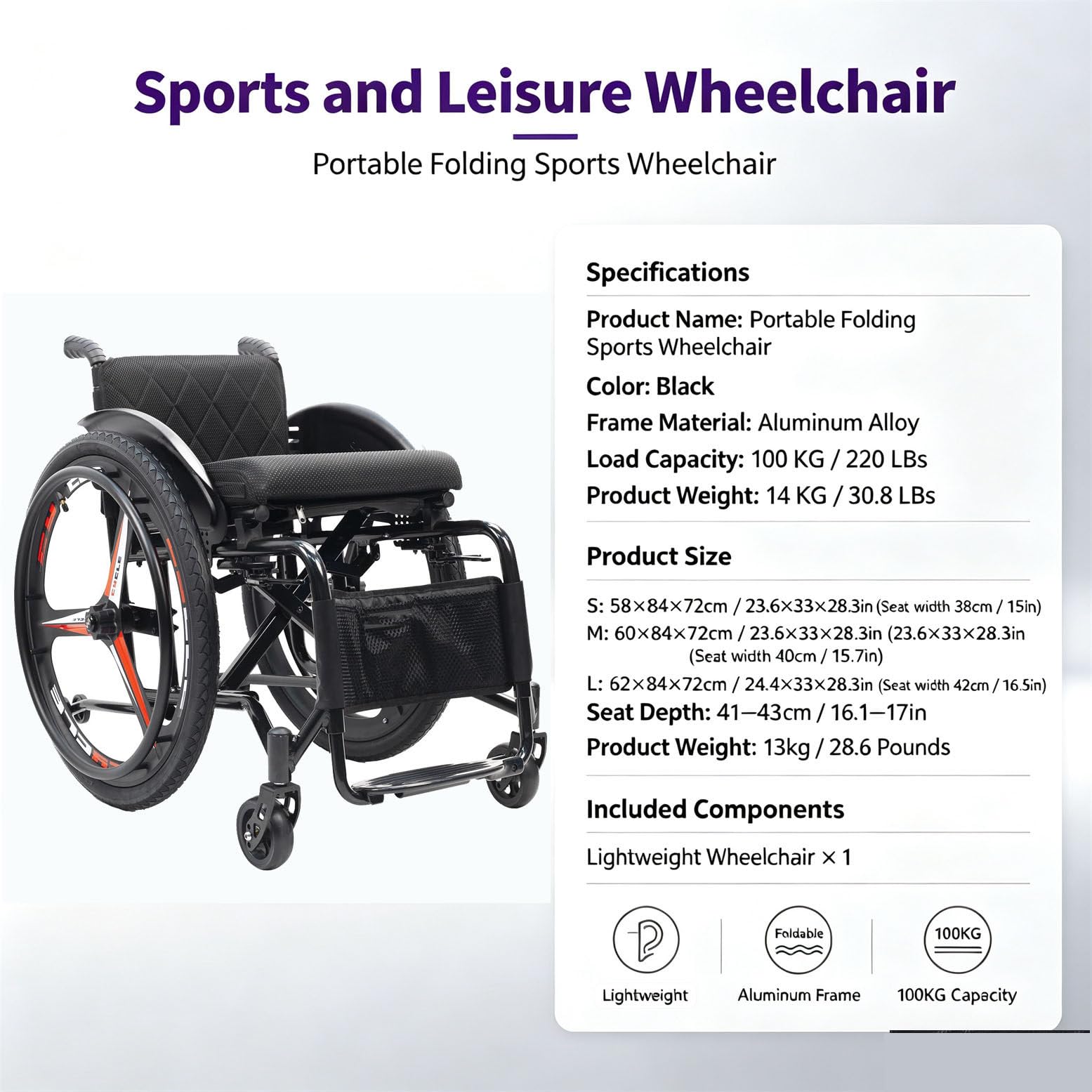 Carrozzina Sportiva Leggera e Pieghevole 42cm | Carrozzina da trasporto per adulti, ruote posteriori da 24", altezza seduta regolabile, telaio in lega, 59 x 83 x 70 cm