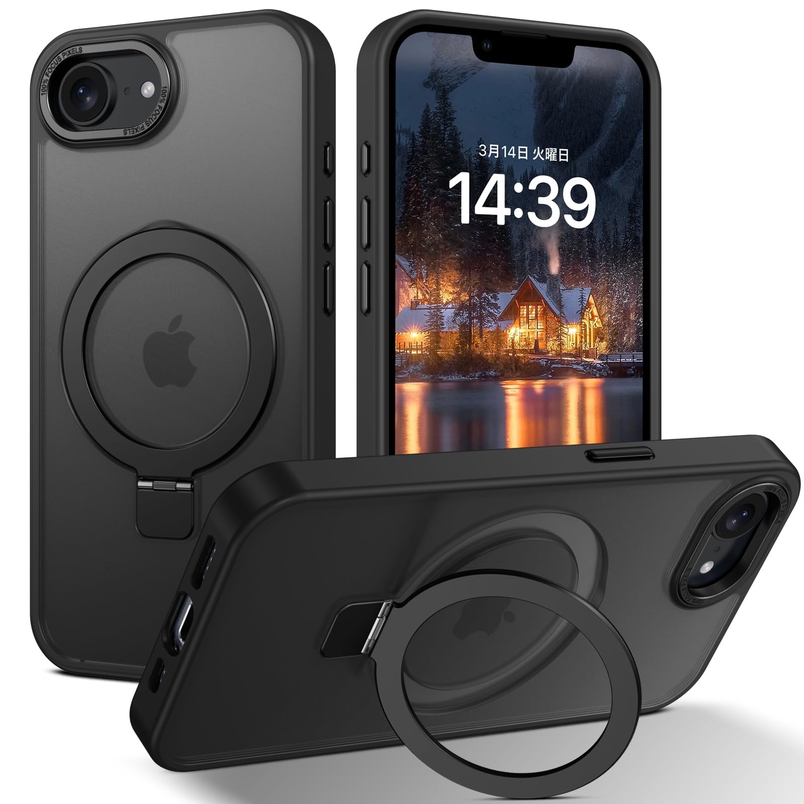 DUEDUE iPhone 16E/17E ケース MagSafe対応 アイフォン 16e/17e ケース マグネット搭載 スタンド機能 120°開閉可能 ブラック 半透明のデザイン 指紋防止 耐衝撃 一体型 薄型 TPUケース 車載ホルダー対応 ワイヤレス充電 全面保護