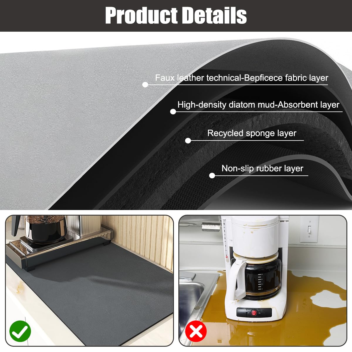 Tapis Absorbeur D'eau Pour évier Ou Machine à Café - 40x30 Cm, Terre De Diatomée, Antidérapant (marron+gris)