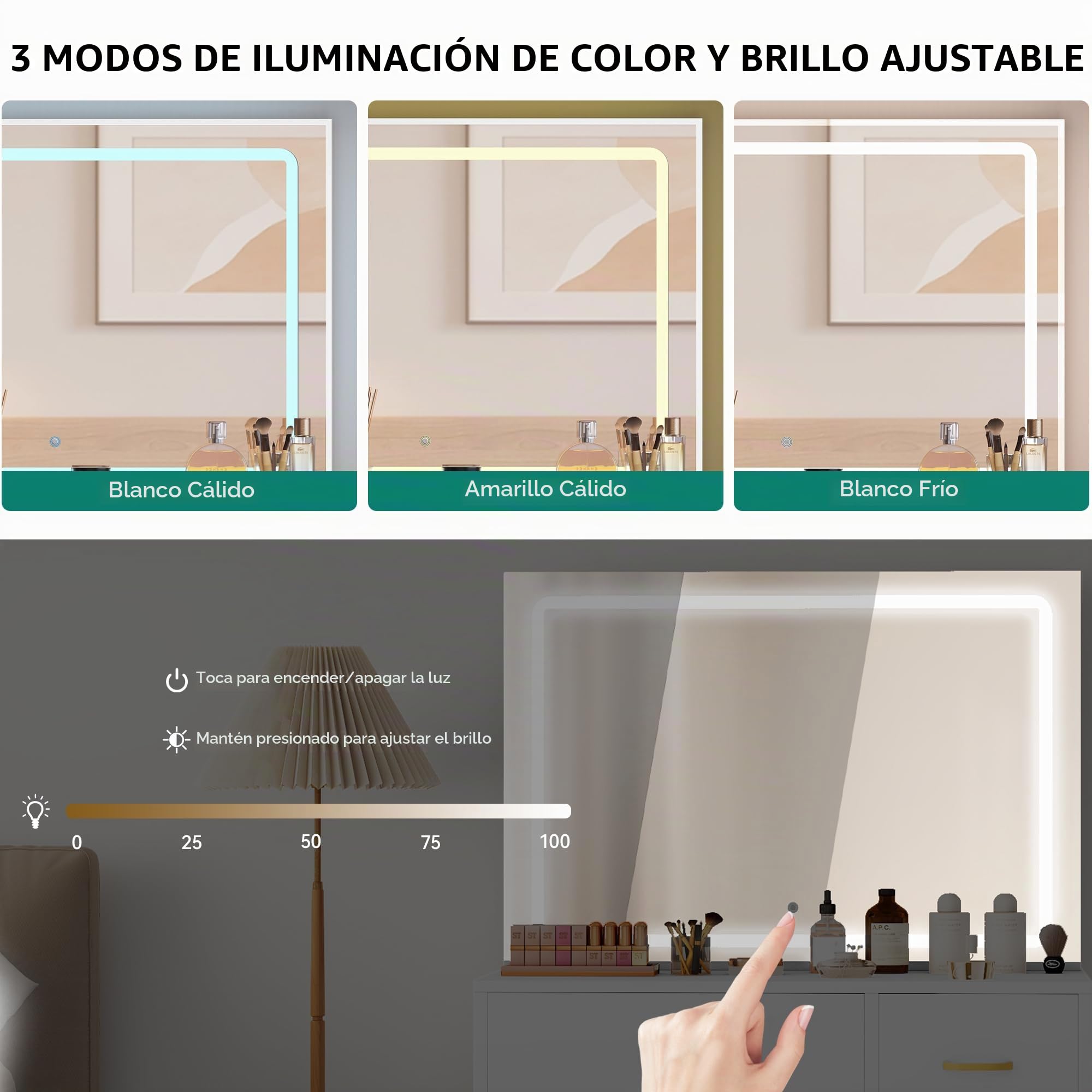 YITAHOME Tocador con iluminación LED Ajustable y tocadores, tocador con Espejo, 4 cajones y Taburete, Blanco