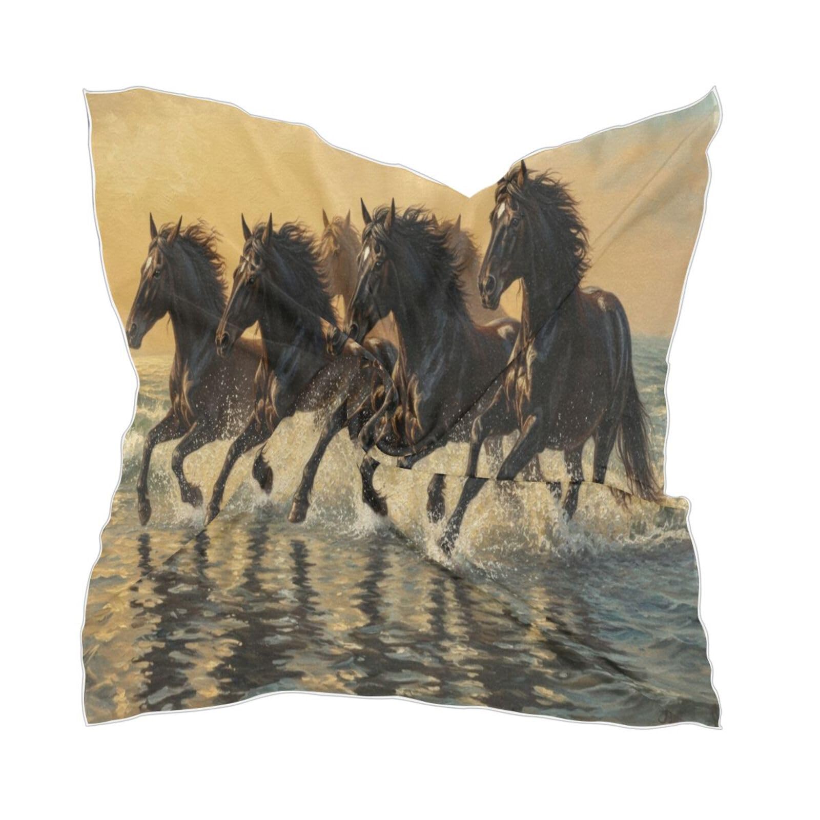Black Horses Sea Silk Like Head Scarf for Women,Soft Fashion Neck Scarf Square Satin Head Scarf 23.6 Inches-picture-31