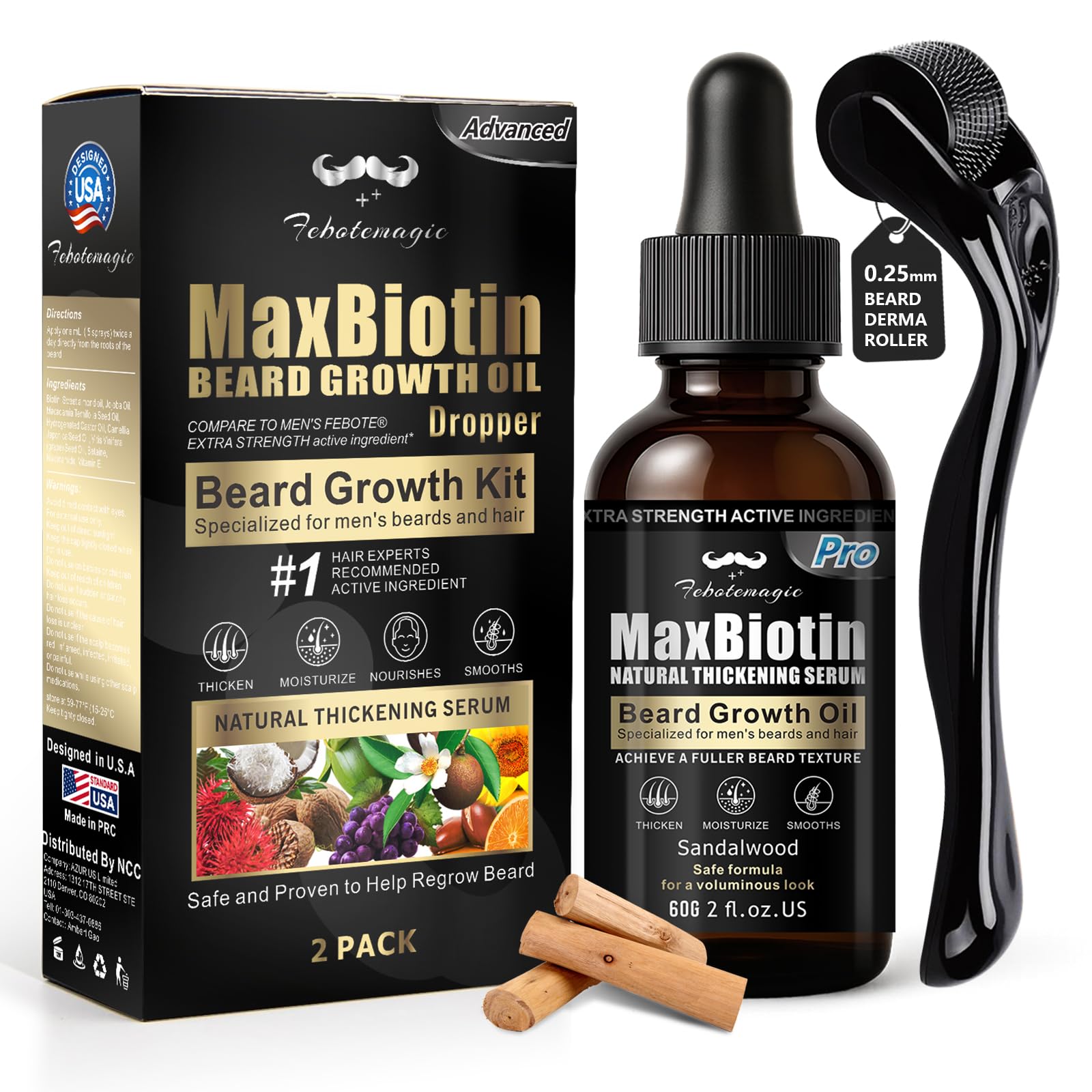 Biotin Beard Growth Kit for Men with Conditioning Oil and 0 25mm Massager Roller Sandalwood Serum with Castor