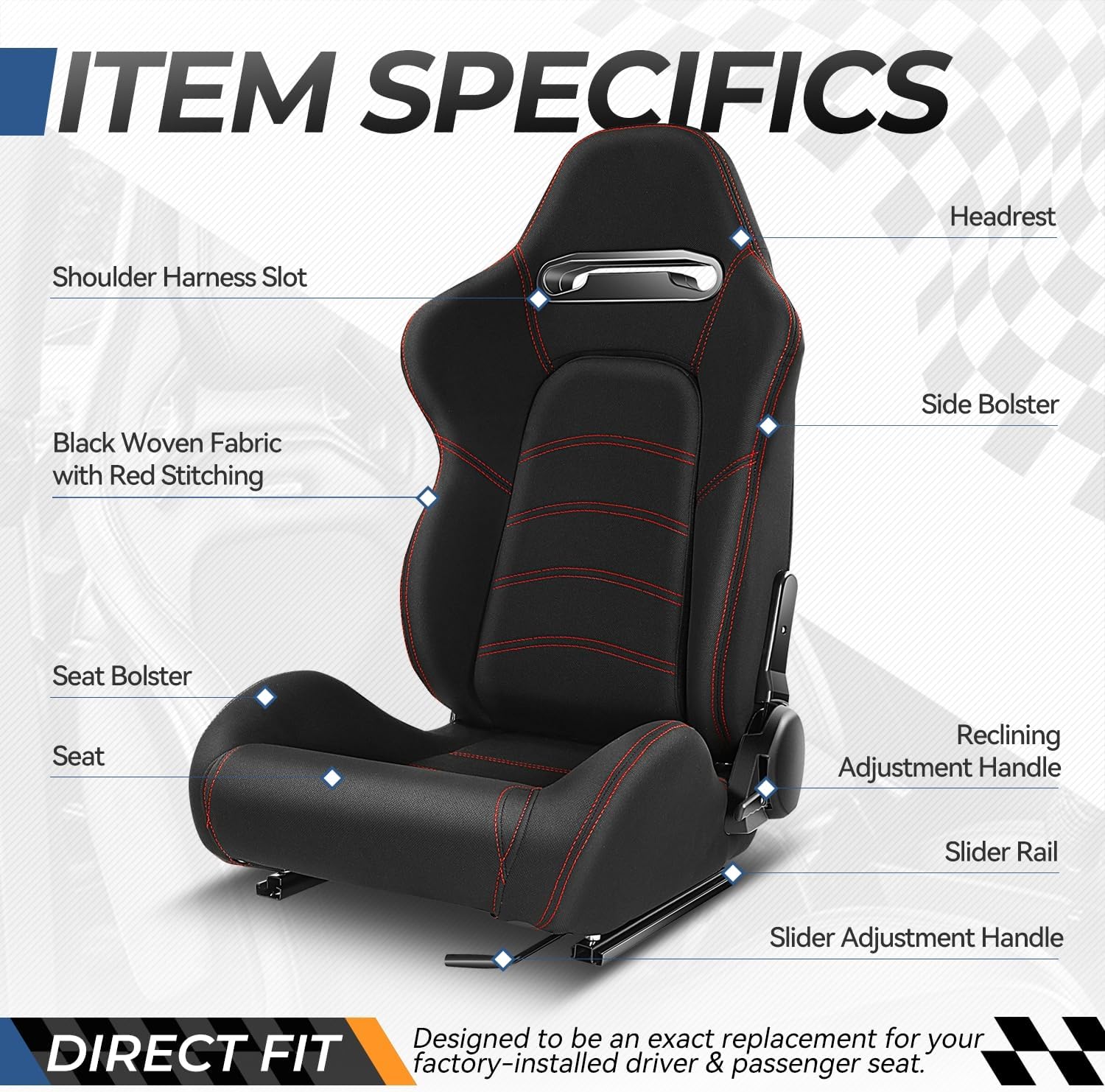 Auto Dynasty Pair of Racing Seat Universal Woven Fabric Reclinable Bucket Seats with Bottom Mount Sliders and Bracket, 35 (H) x 21.5 (W) x 21.5 (D) Inches, Driver and Passenger Side, Black/Red