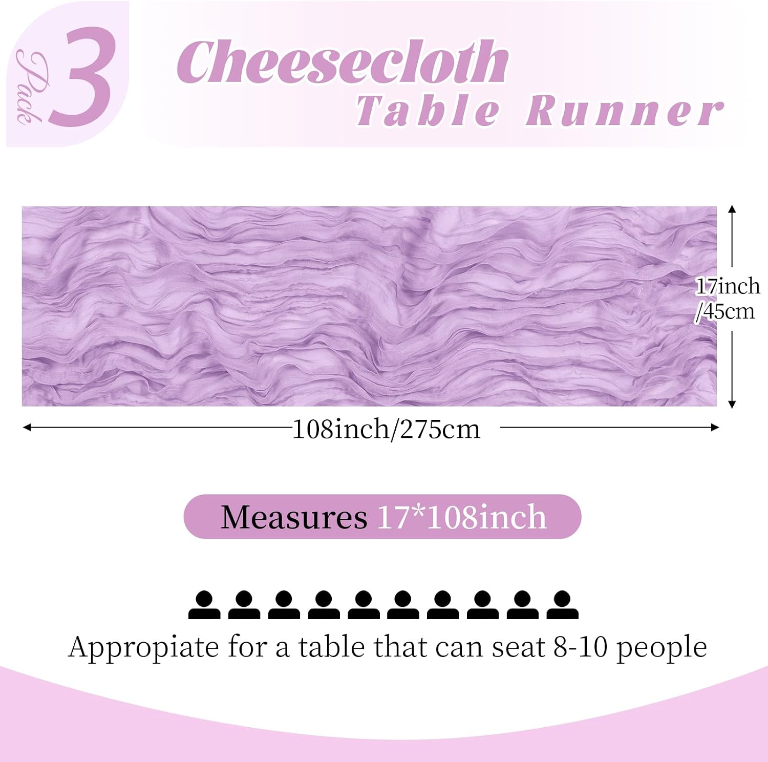 3 pack lavender cheesecloth table runner, 17 x 108 inch, gauze cheese cloth table runner rustic sheer runner for wedding birthday party baby shower table decor(lavender)