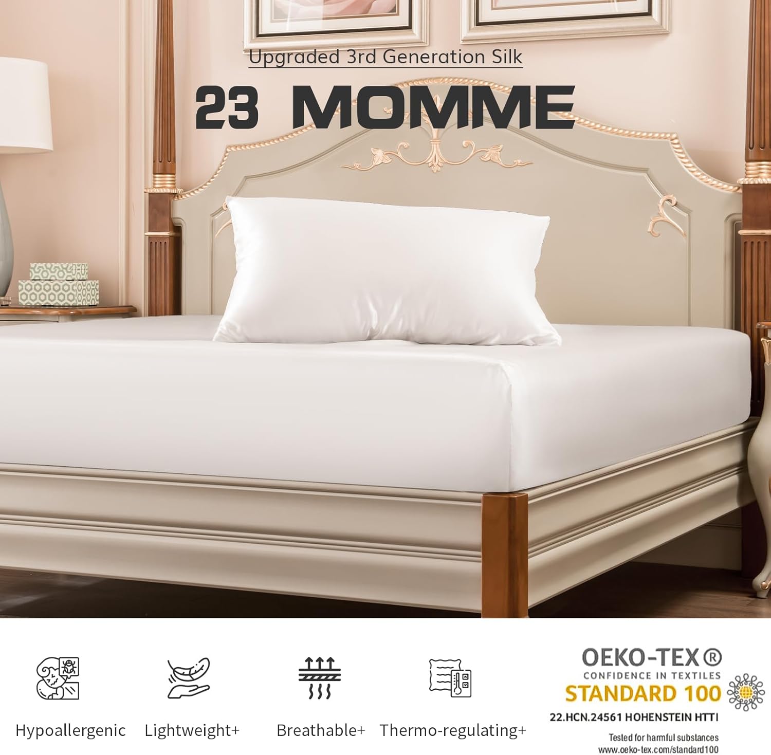 PROMEED 100% Mulberry Silk King Size Fitted Sheet Only, Top Grade 6A+ 23 Momme/23mm Silk Bed Bottom Sheet 1pc with 16" Extra Deep Pocket (White, King)
